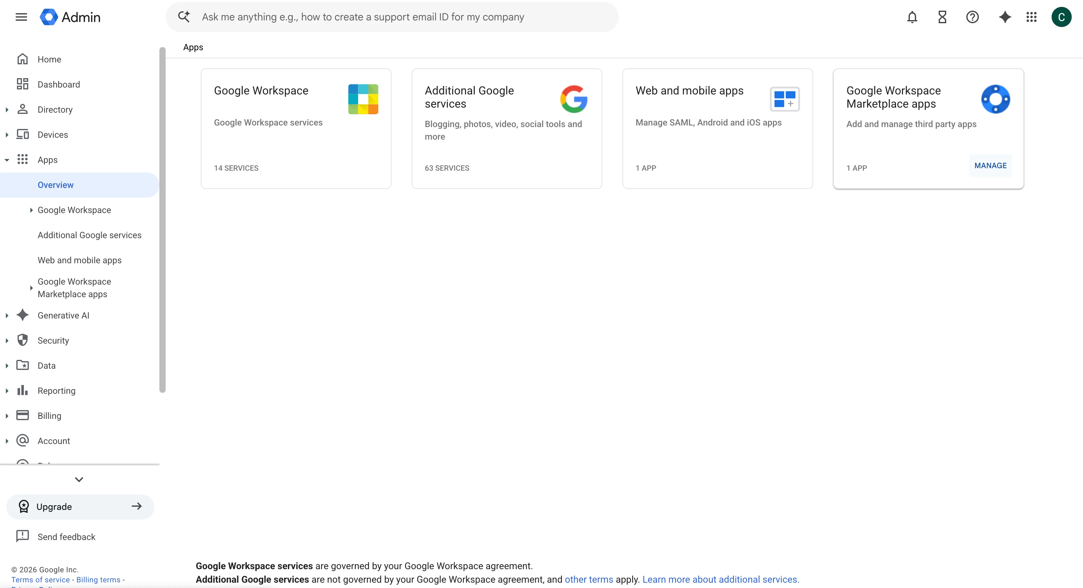 Pagina iniziale della console di amministrazione di Google Workspace