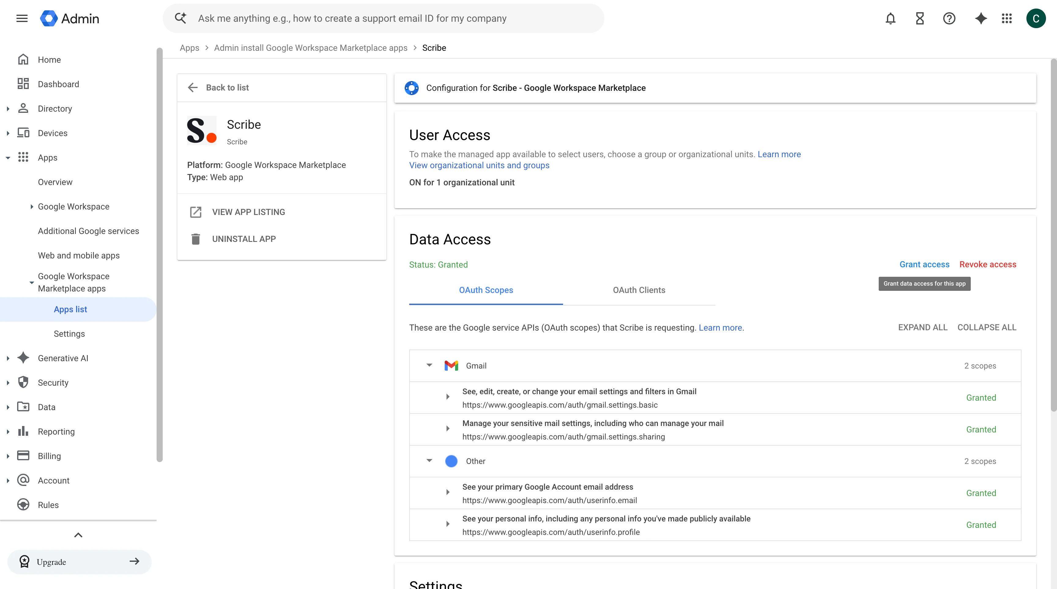 Dettagli dell'app Scribe nel pannello admin di Google Workspace con il pulsante Concedi l'accesso
