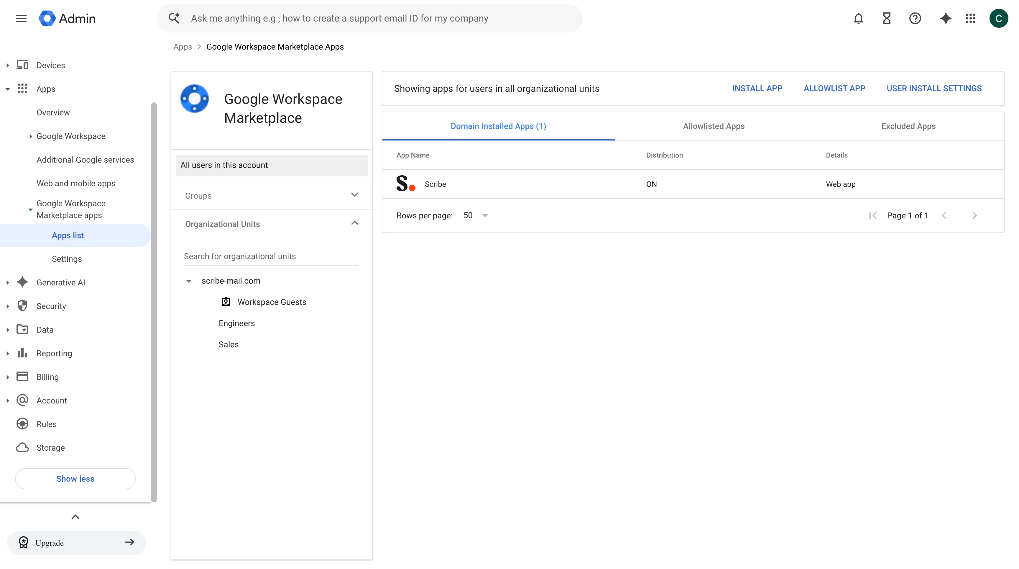 Elenco delle app di Google Workspace Marketplace con la voce dell'app Scribe