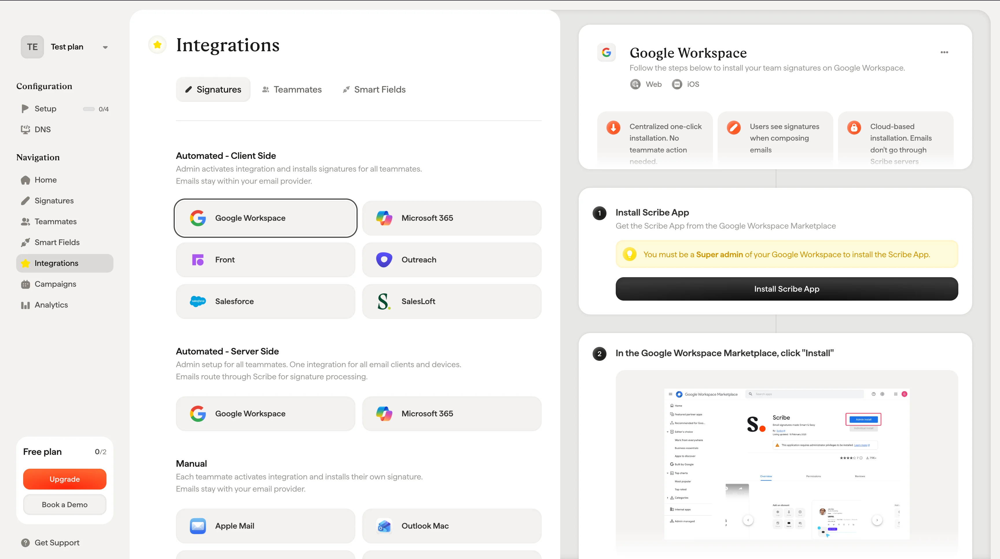Botão Install Scribe App na configuração do Google Workspace na Scribe