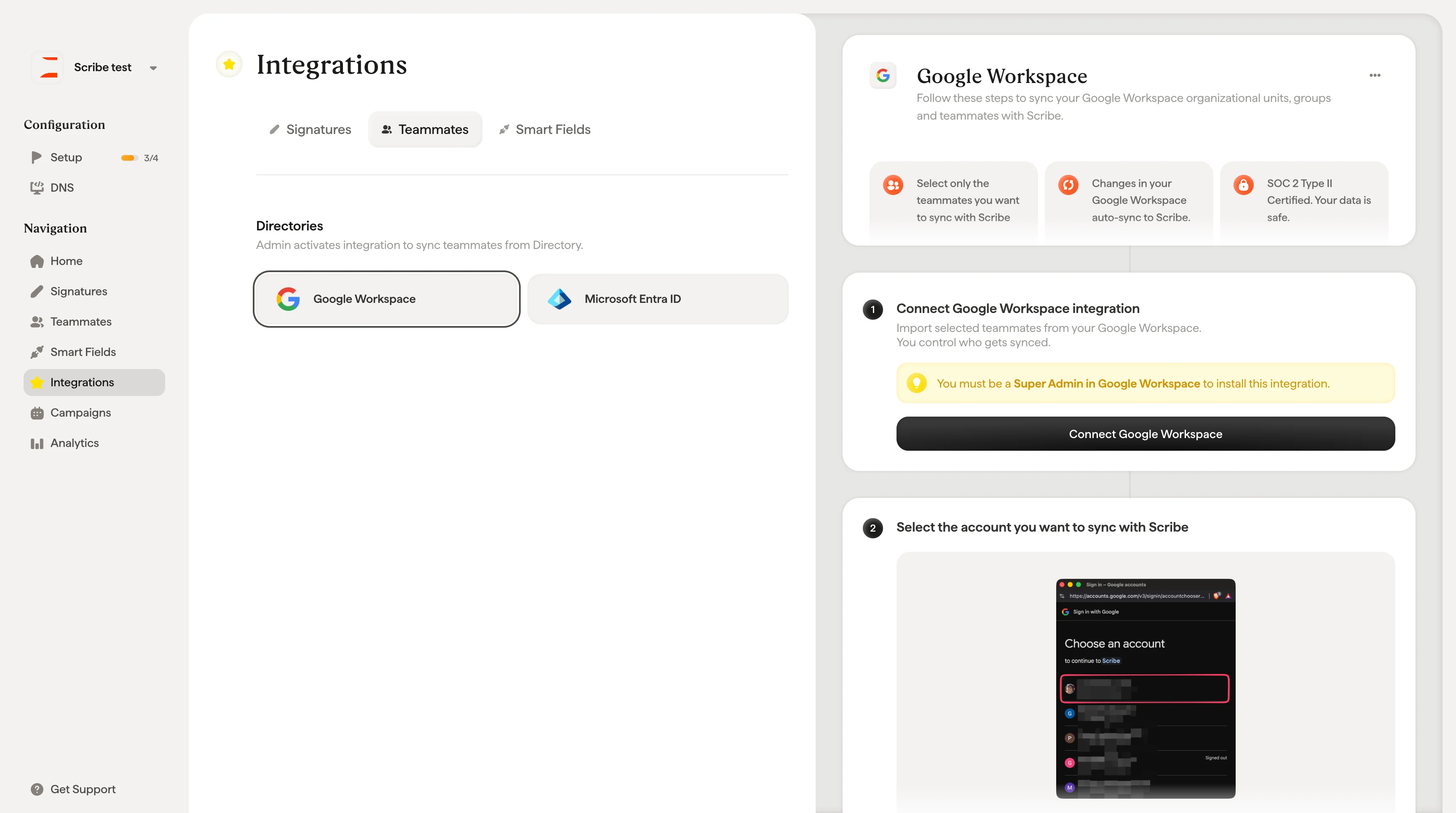 Connect Google Workspace button in Scribe teammates setup