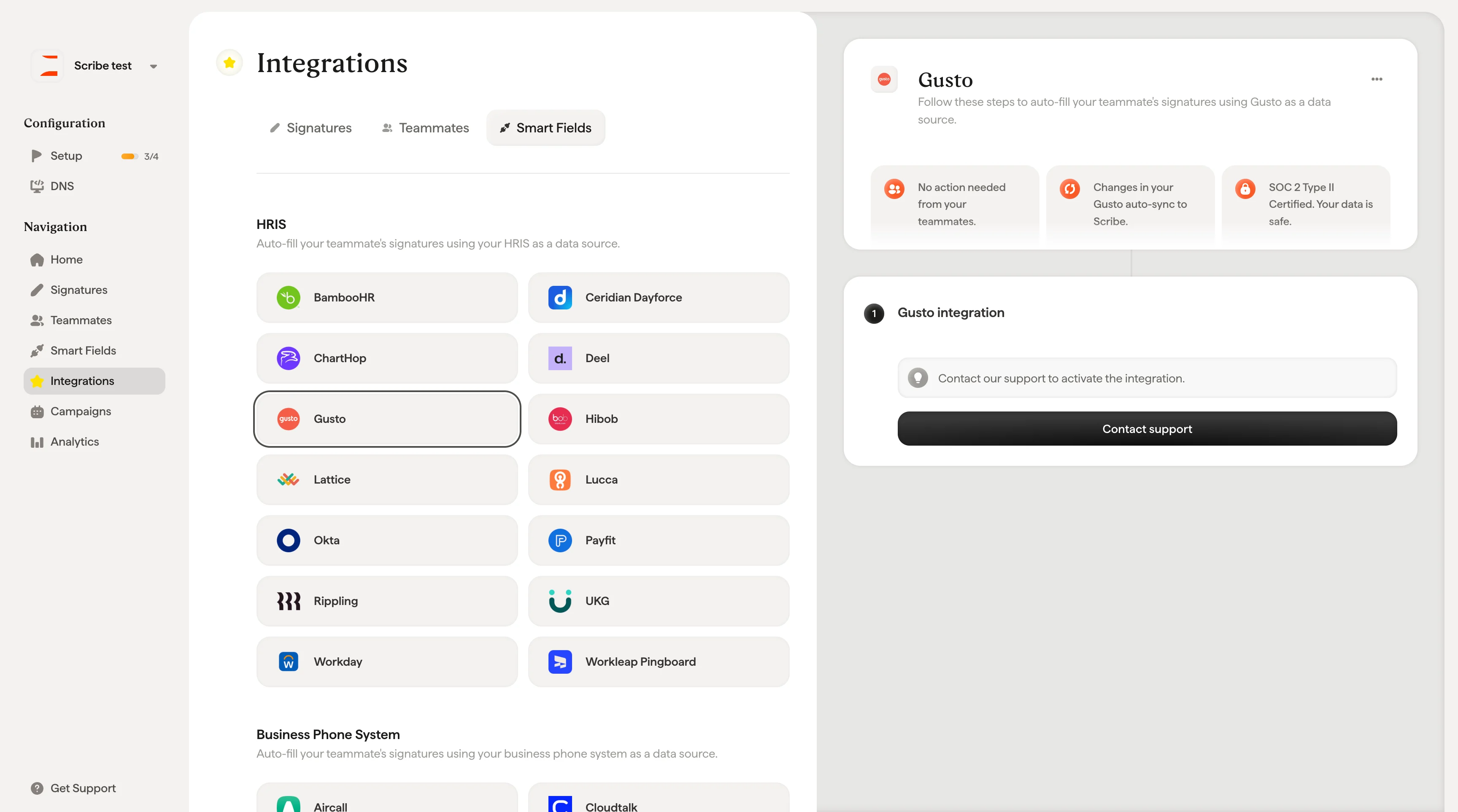 Botón de contactar con soporte de la integración con Gusto en Scribe