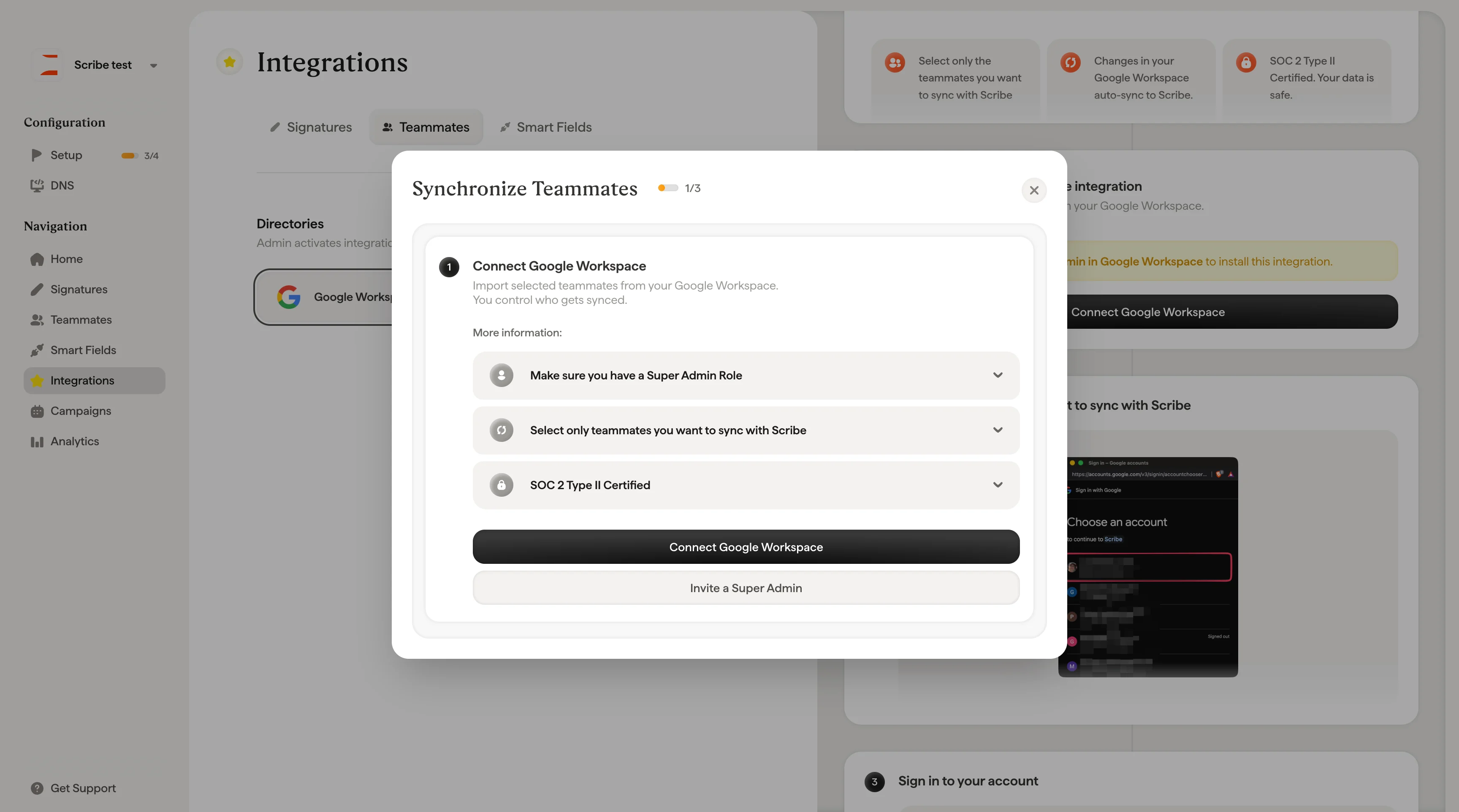 Einrichtungsdialog „Teammitglieder synchronisieren“ mit den Optionen „Google Workspace verbinden“ und „Super-Admin einladen“