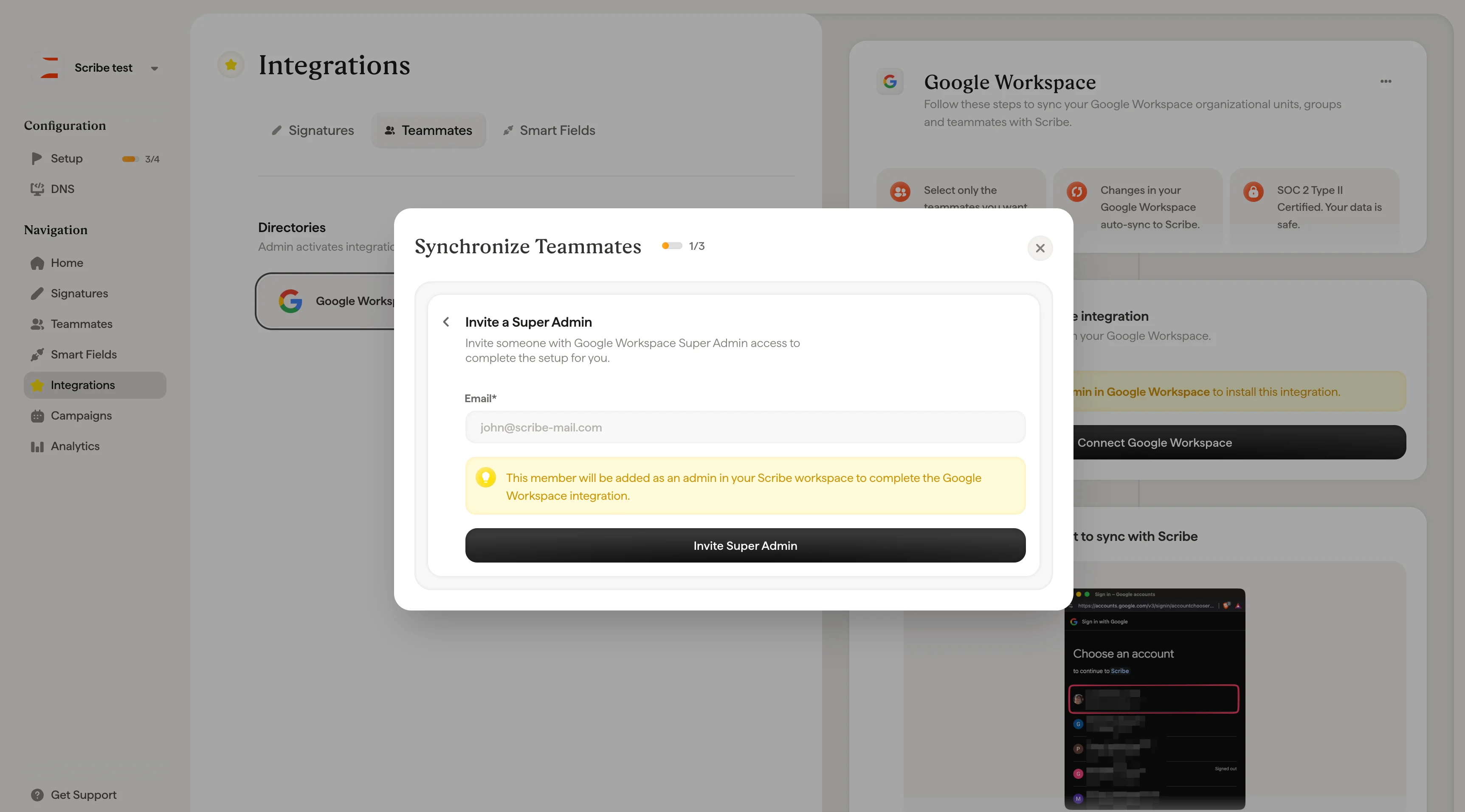 Modal zur Einladung eines Super-Admins mit E-Mail-Eingabefeld zur Delegation der Google-Workspace-Verbindung