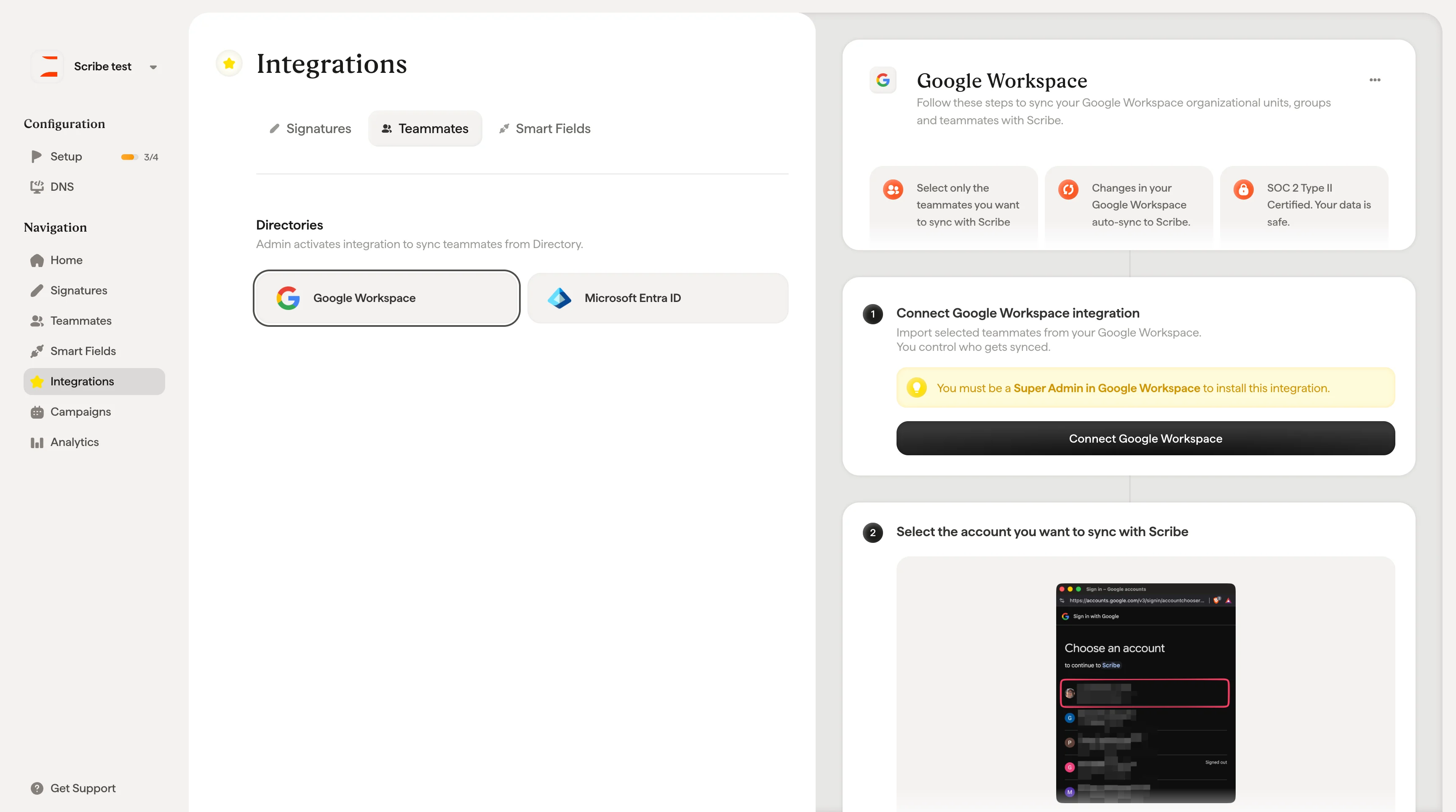 Karte der Google Workspace Directory-Integration auf der Seite „Integrationen“