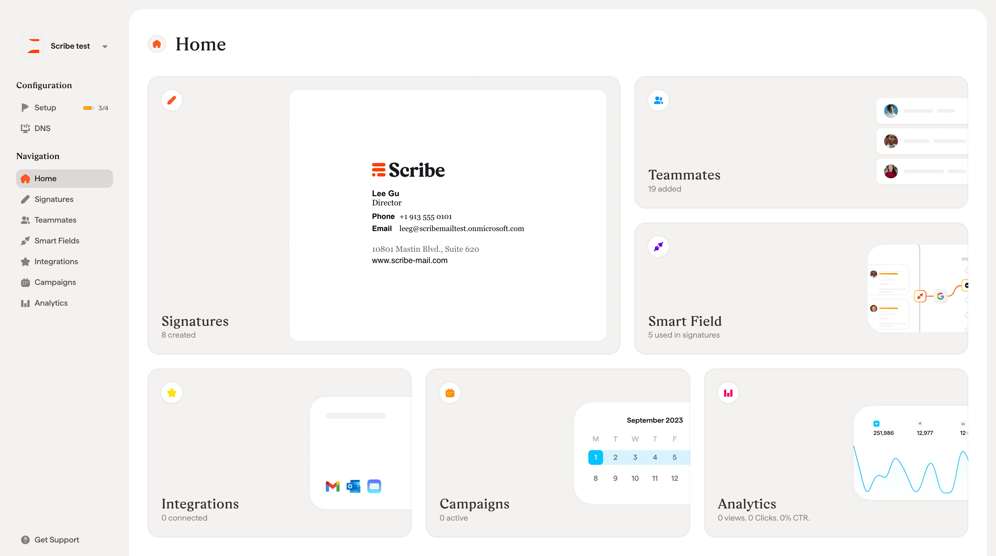 Scribe-Startseiten-Dashboard mit Karten für Signaturen, Teammitglieder, Kampagnen und Analysen