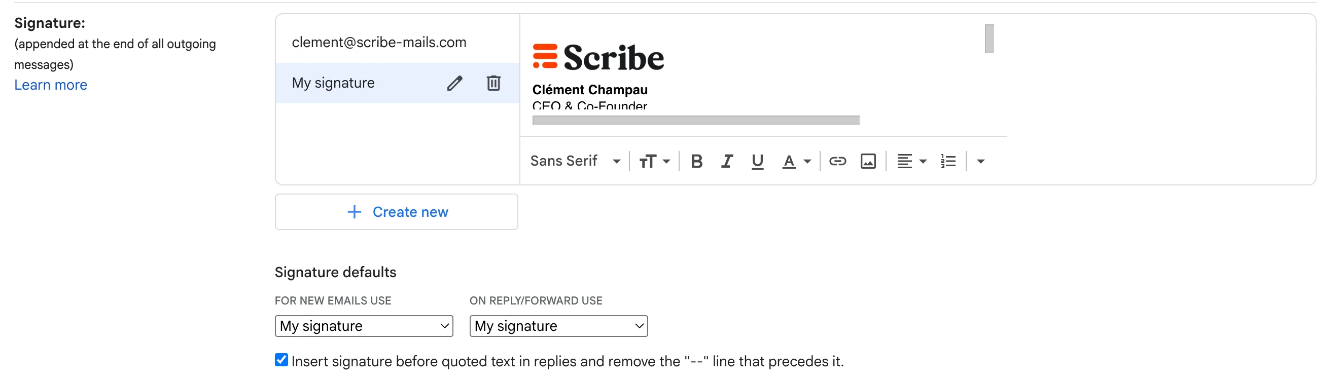 Editor de firmas de Gmail con el HTML de Scribe pegado
