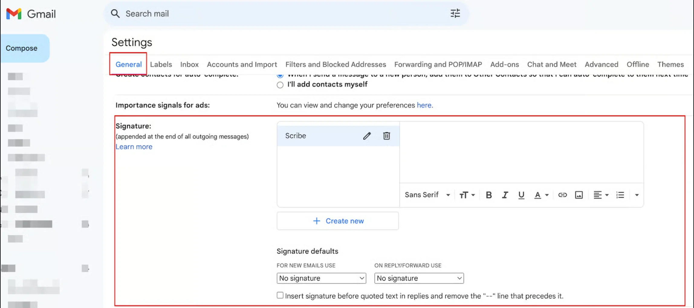Pestaña de ajustes generales de Gmail con la sección Firma visible