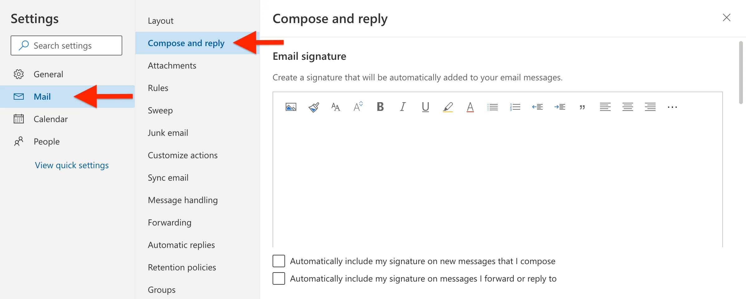 Outlook settings panel showing Email and Compose and reply navigation