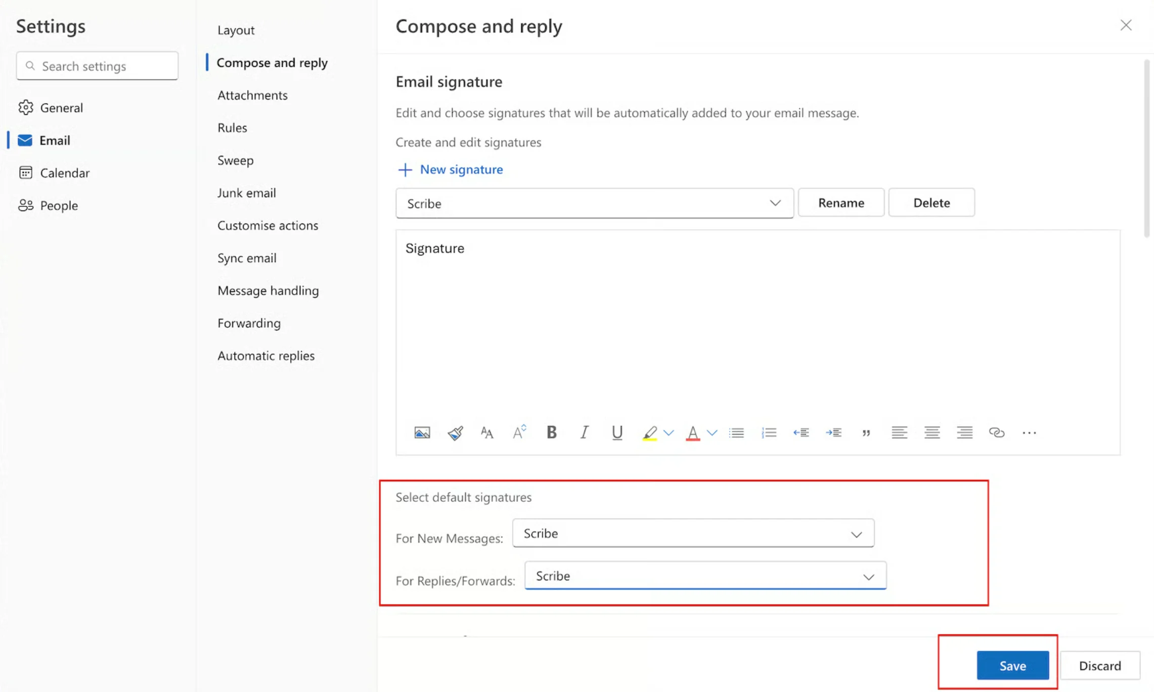 Outlook default signature dropdowns for new messages and replies