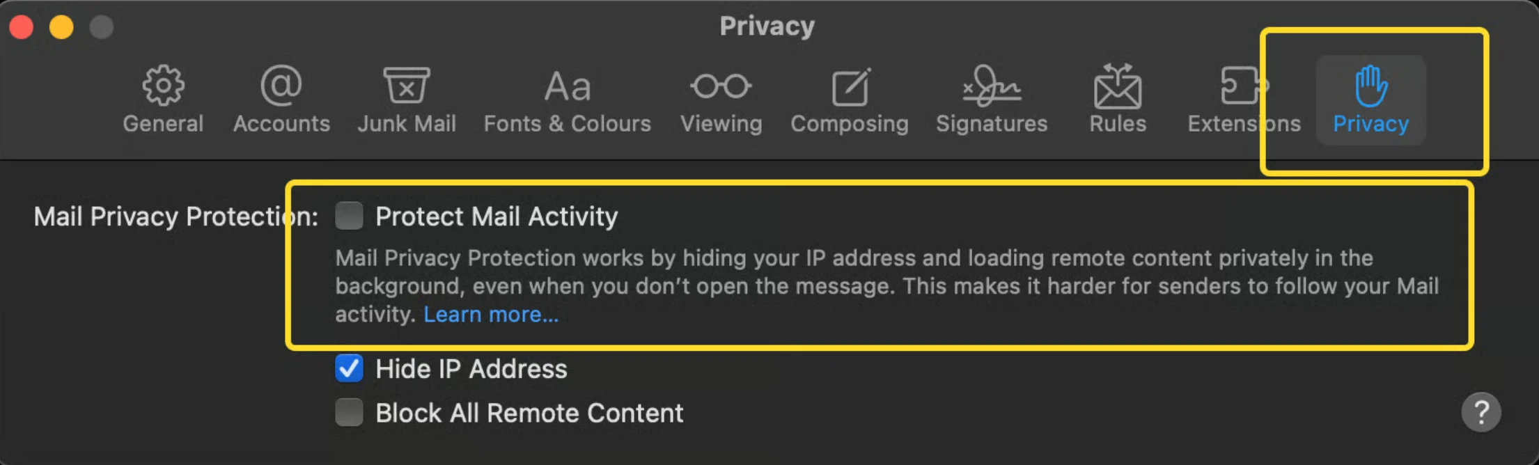 Datenschutzeinstellungen in Apple Mail mit der zu deaktivierenden Option „Schutz von Mail-Aktivitäten"