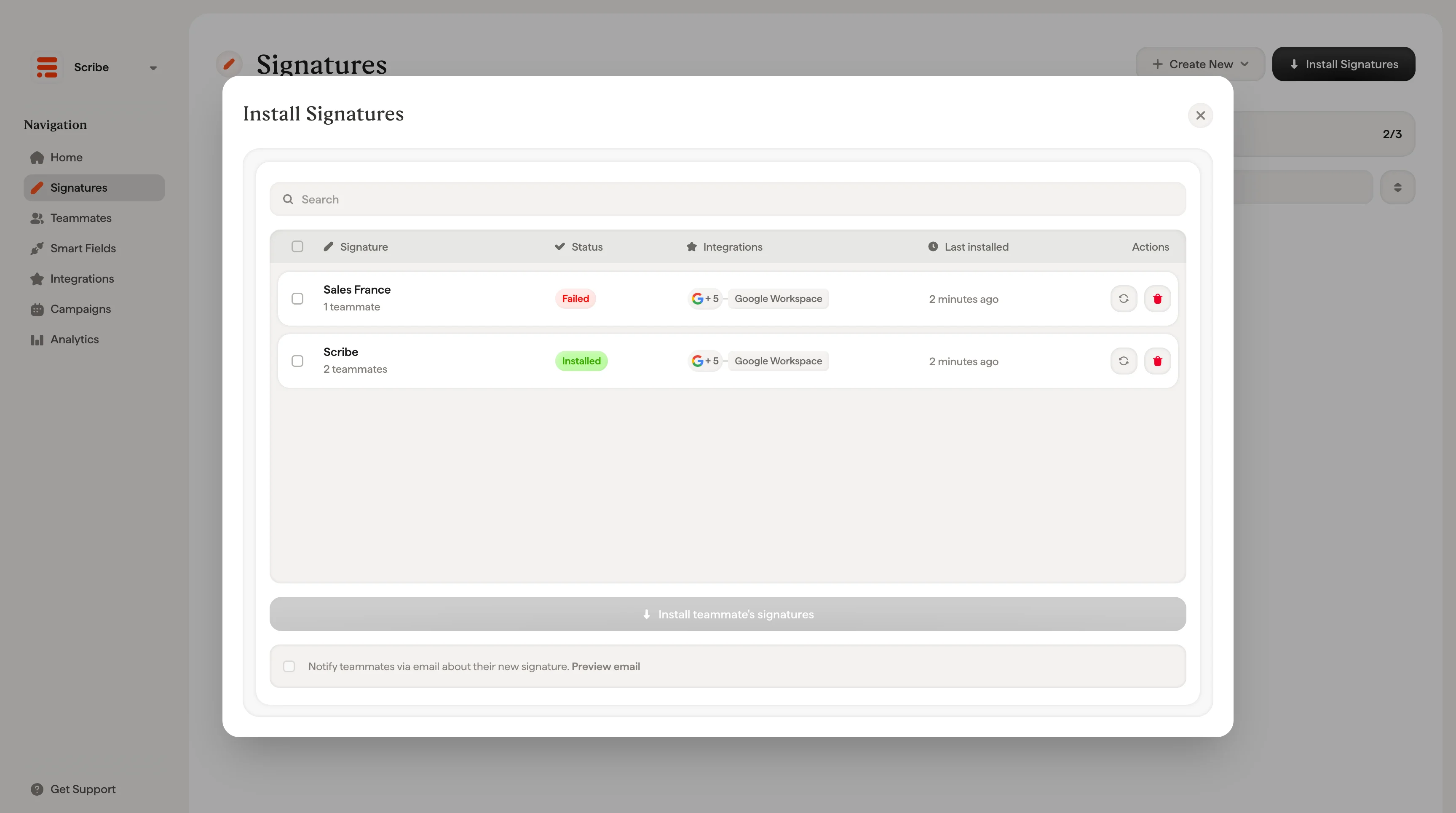 Installationsfenster mit allen Signaturen, Status- und Integrationsspalten
