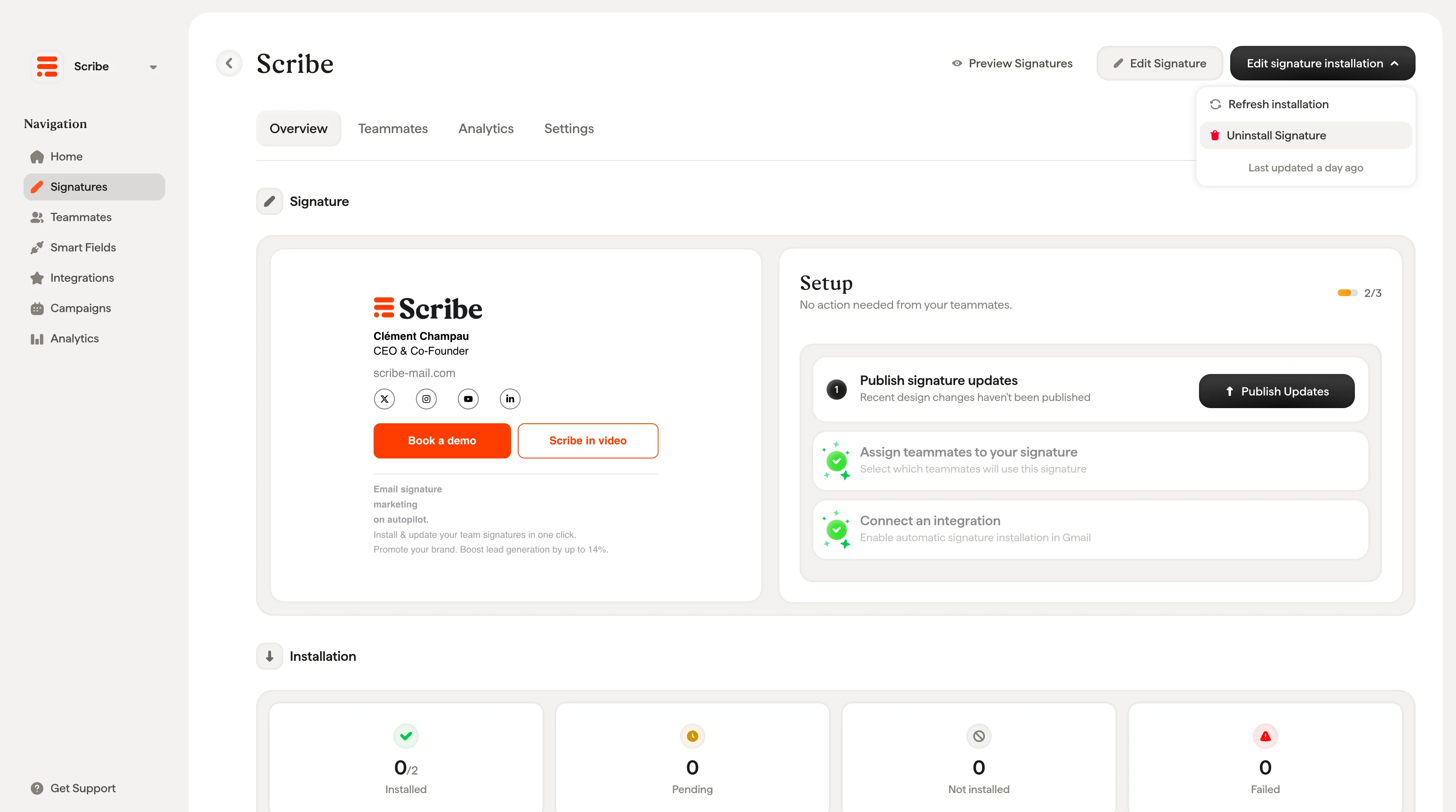 Dialog „Install Signatures" mit Deinstallations-X neben einer Signatur