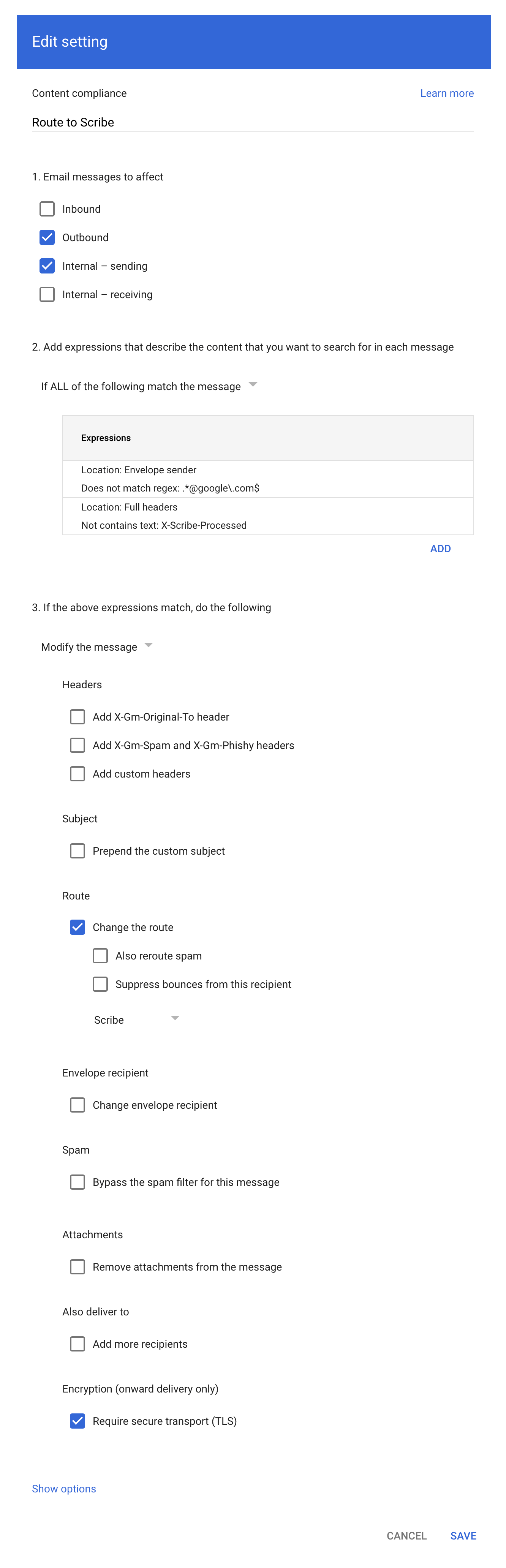 Content compliance form configuration