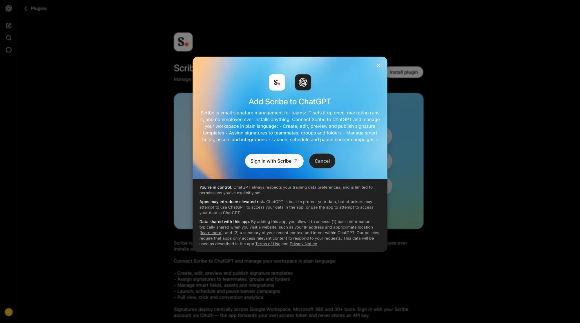 Add Scribe to ChatGPT dialog from the plugin store with the Sign in with Scribe button