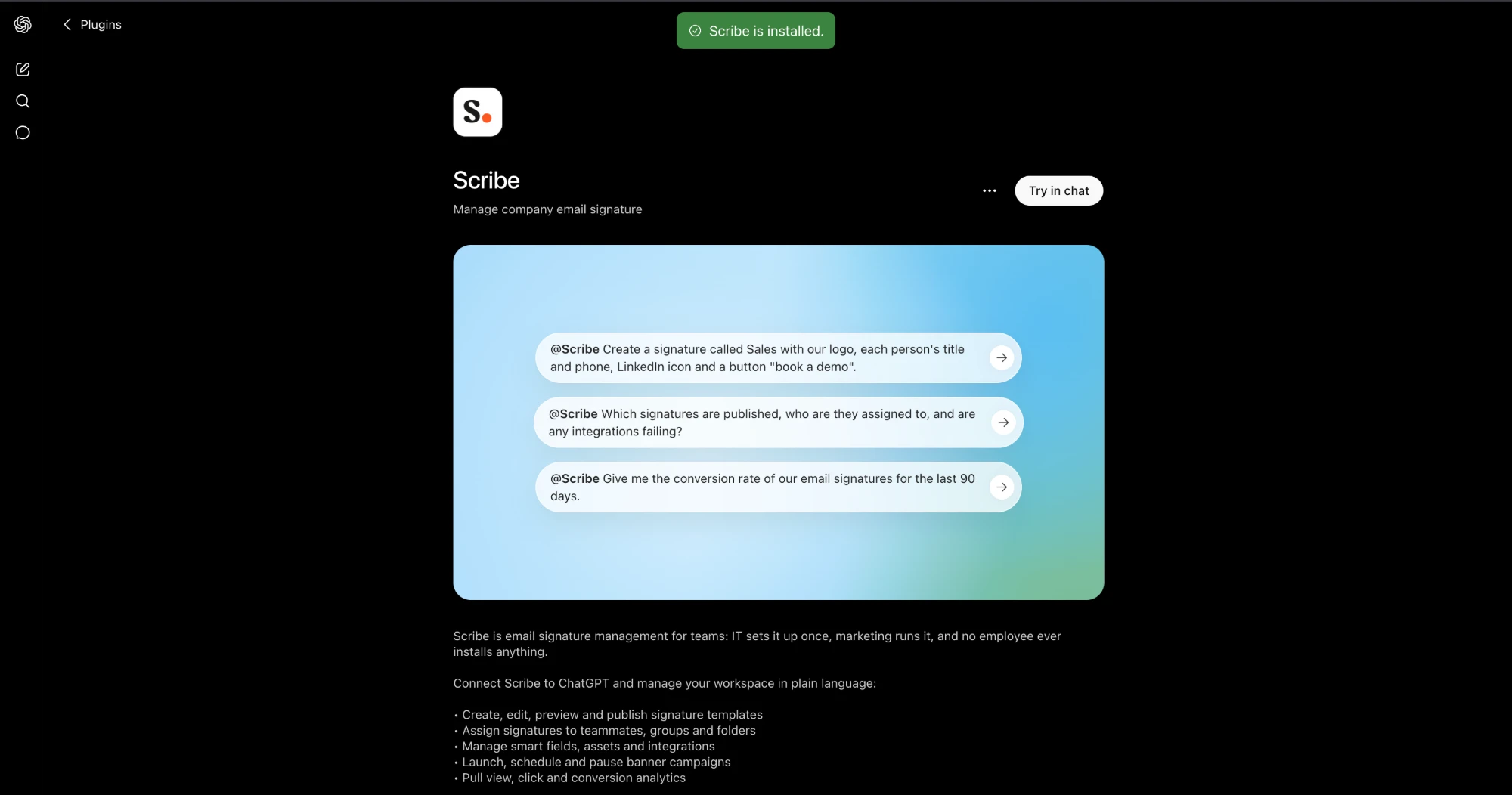 Scribe installed as a ChatGPT plugin, showing the Try in chat button and example prompts