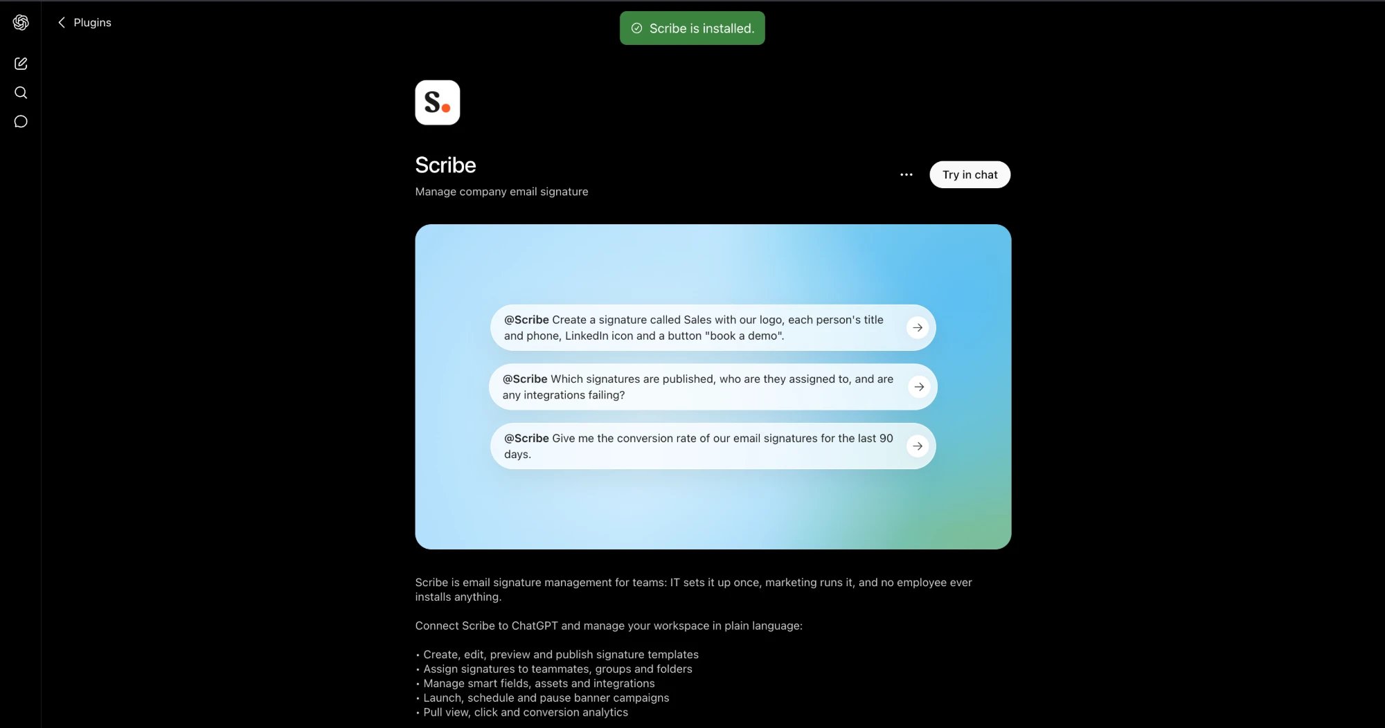 Scribe installed as a ChatGPT plugin, showing the Try in chat button and example prompts