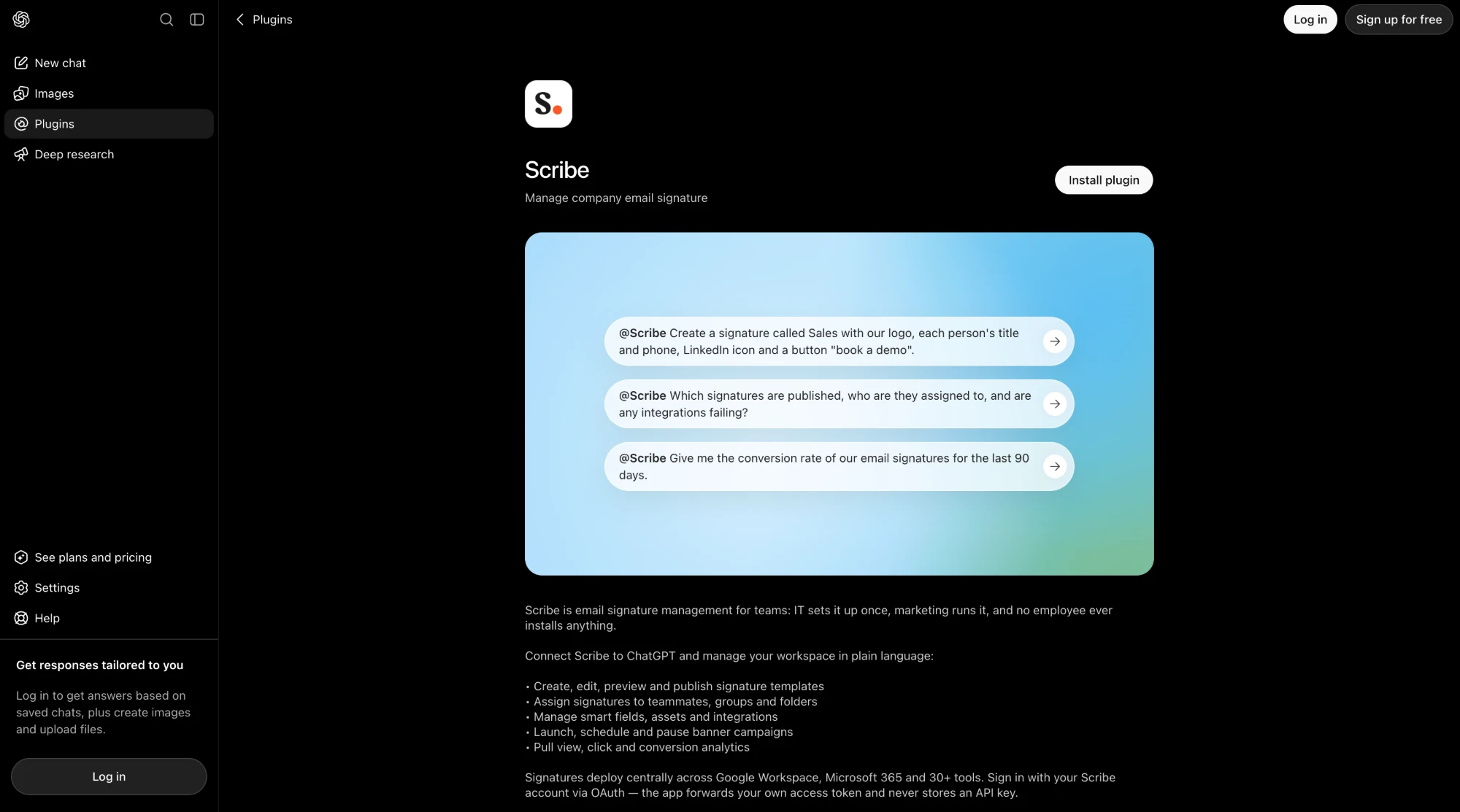 Scribe listing in the ChatGPT plugin store with the Install plugin button and example prompts