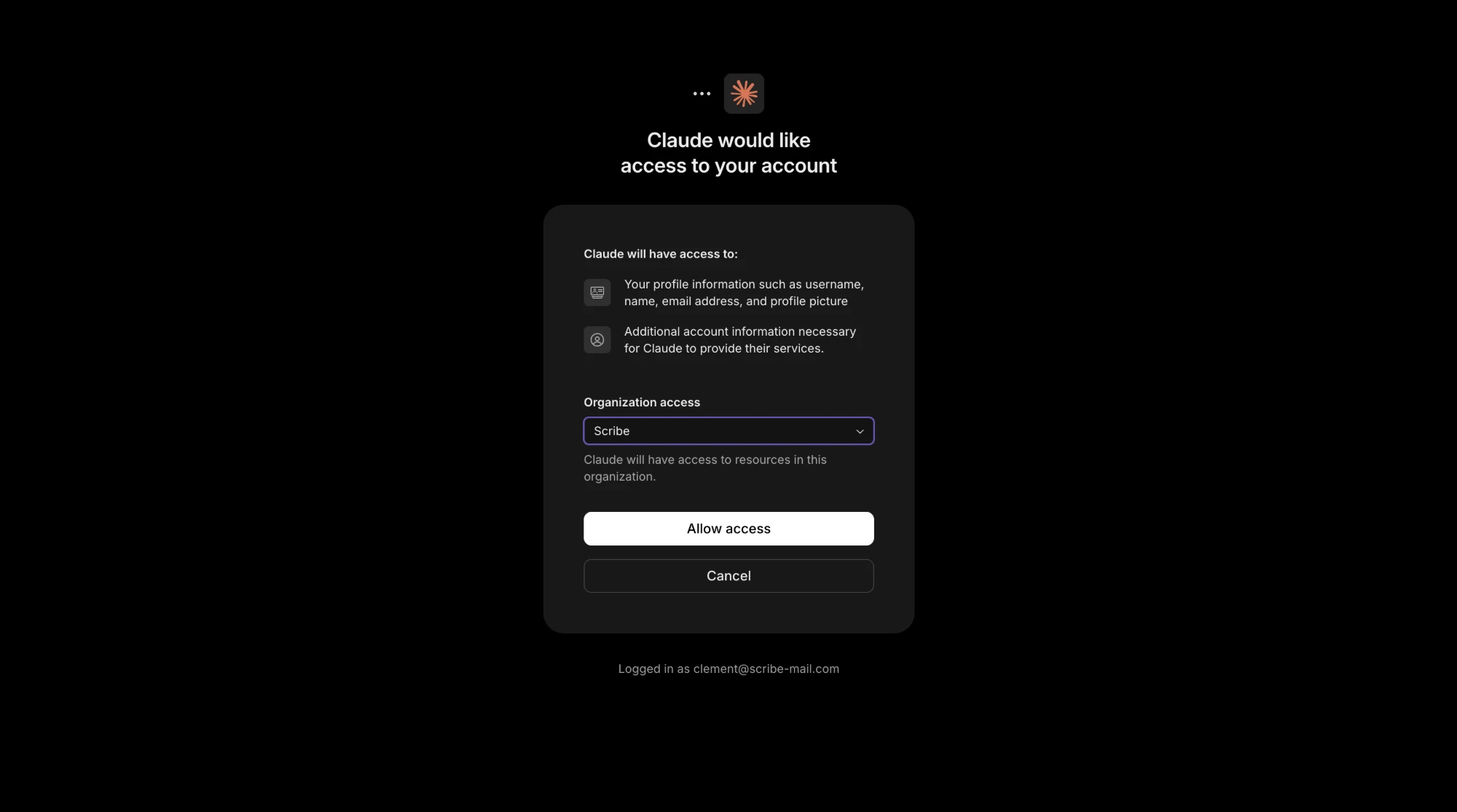 Claude authorization screen to allow access to your Scribe account, with the organization selector
