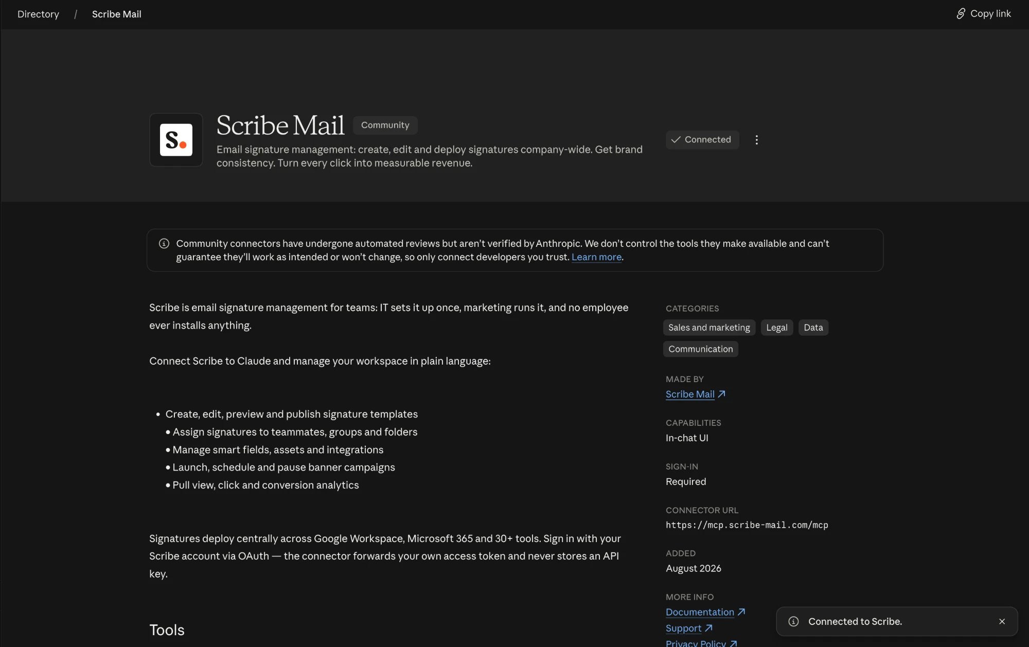 Scribe Mail listing in the Claude directory showing the Connected status and the Connected to Scribe notice