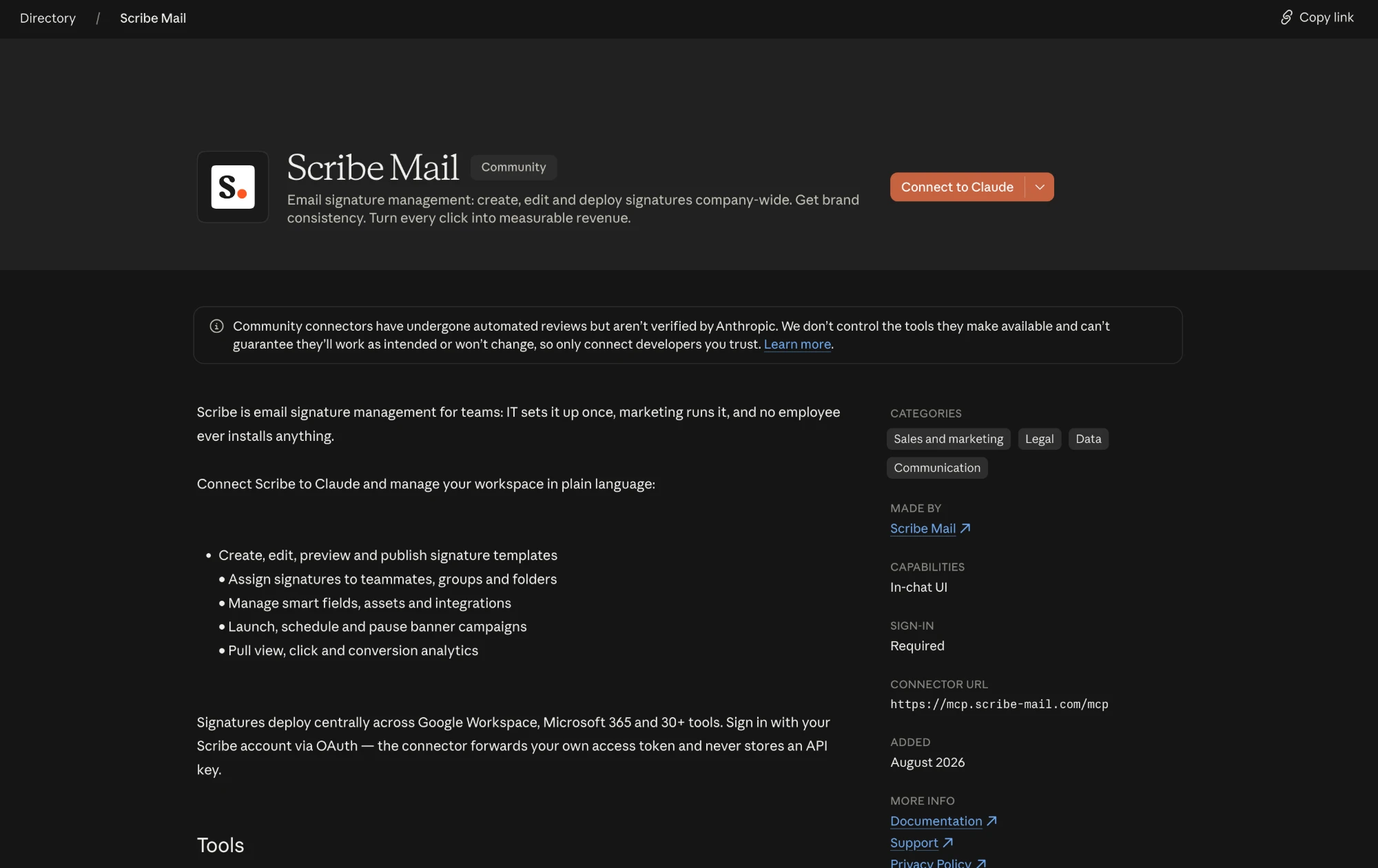 Scribe Mail listing in the Claude directory with the Connect to Claude button, categories, and the connector URL mcp.scribe-mail.com/mcp