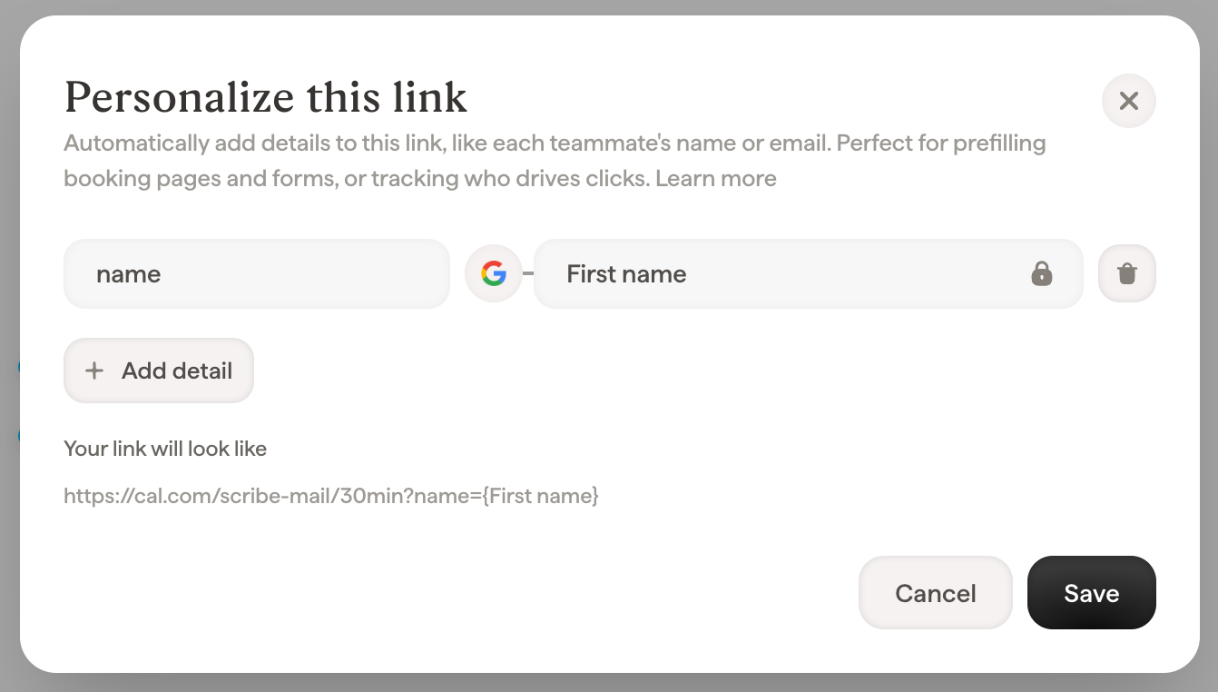 Personalize this link modal with a name detail bound to the First name Smart Field and the link preview