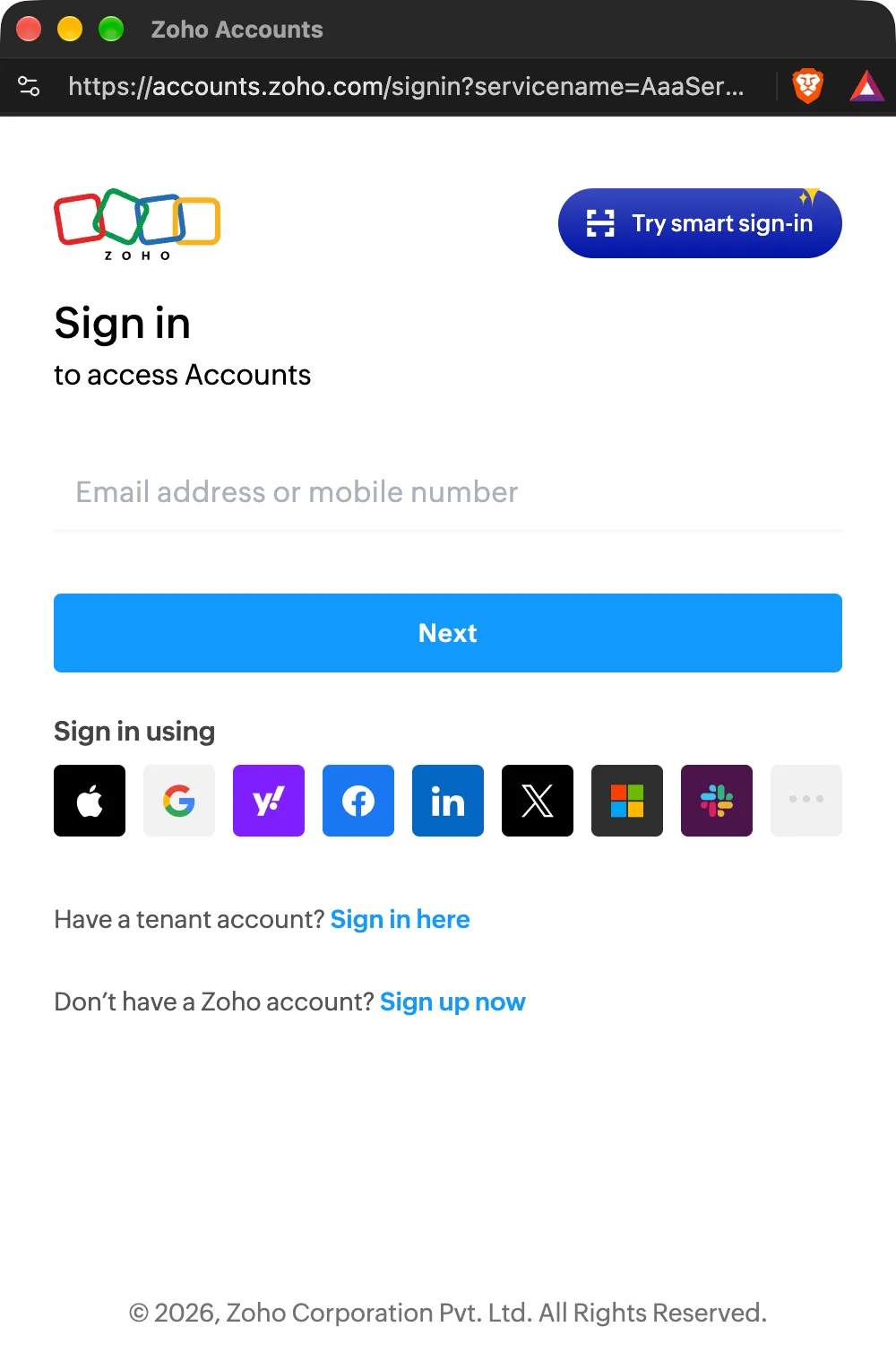 Page de connexion à Zoho Accounts