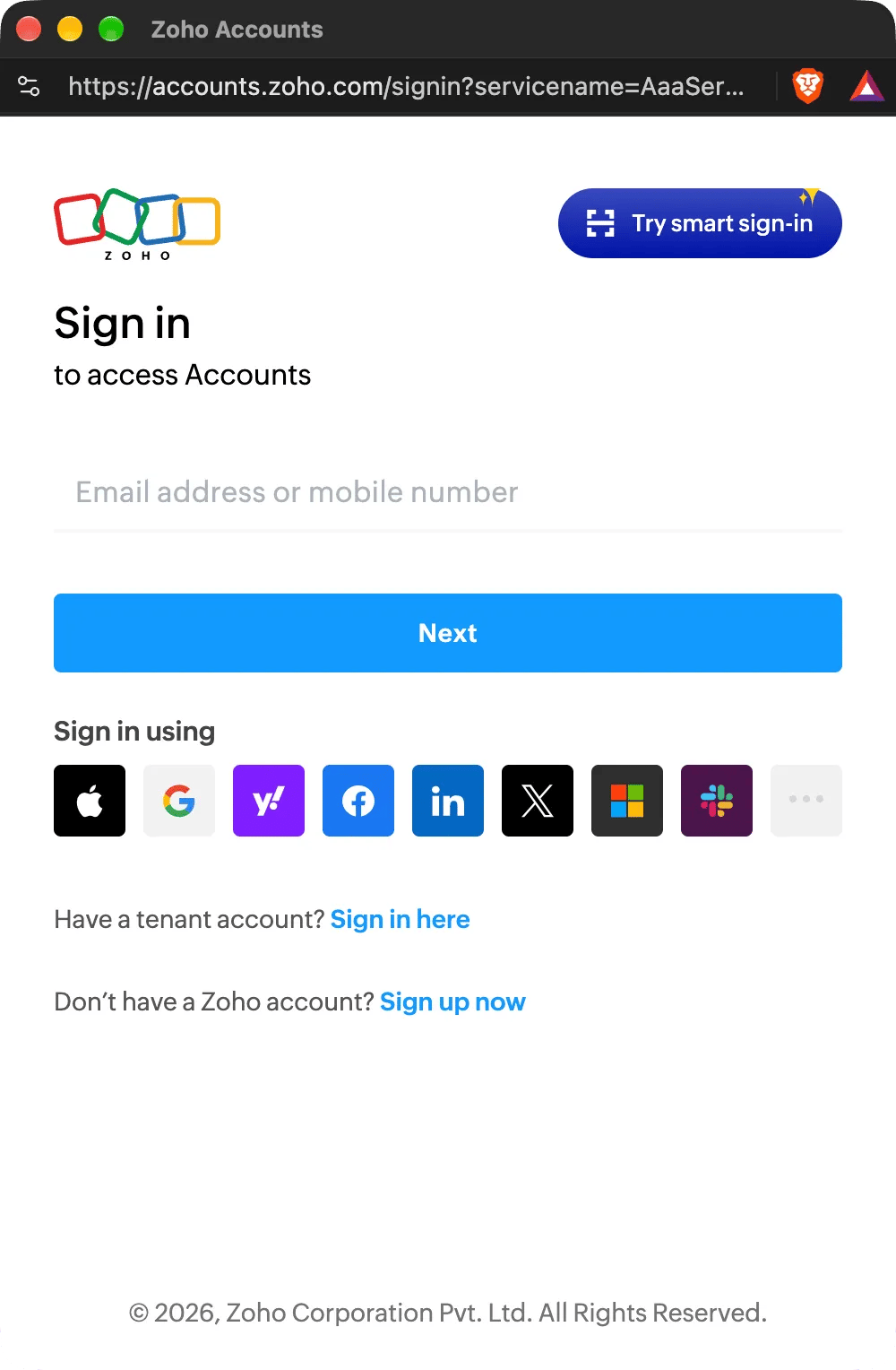 Halaman masuk Zoho Accounts