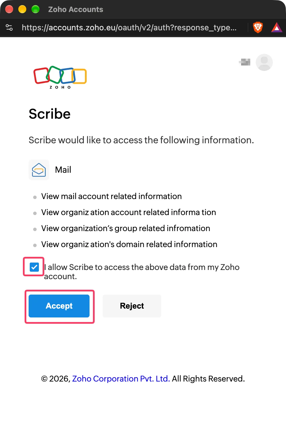 Écran de consentement Zoho listant les autorisations Mail en lecture seule demandées par Scribe