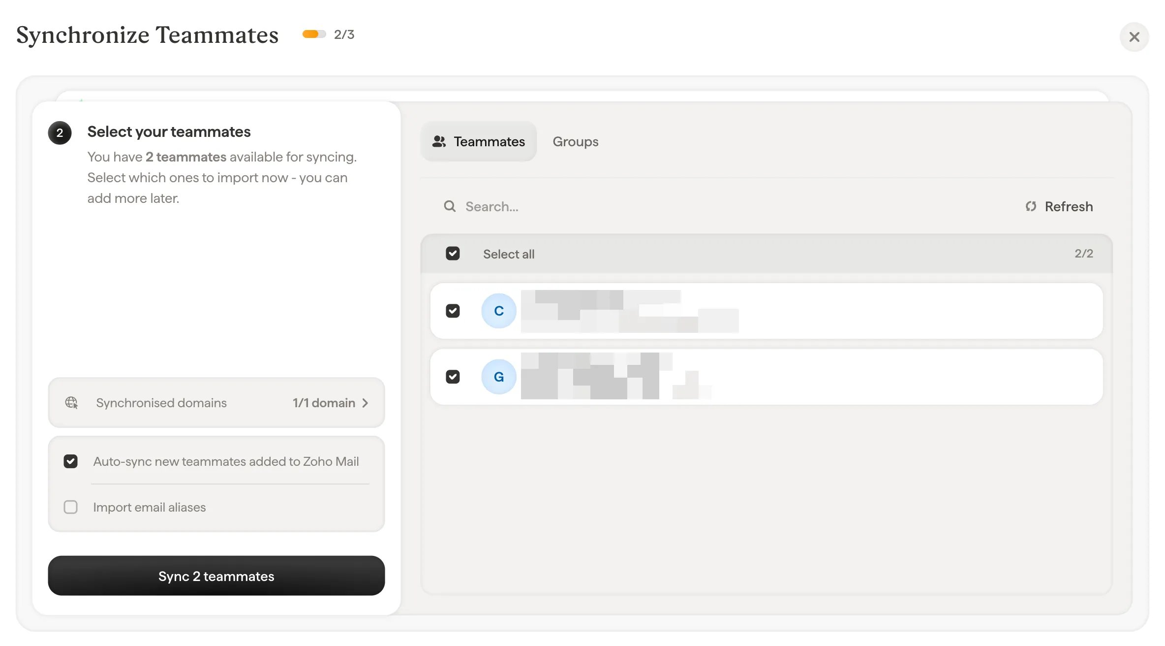 Dialog Synchronize Teammates menampilkan daftar pengguna Zoho Mail, dengan tab Teammates dan Groups