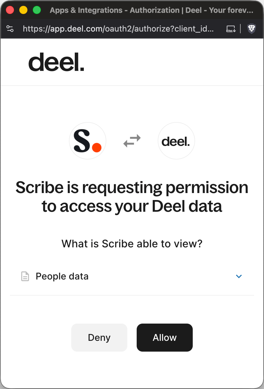 Deel authorization page requesting permission to access People data