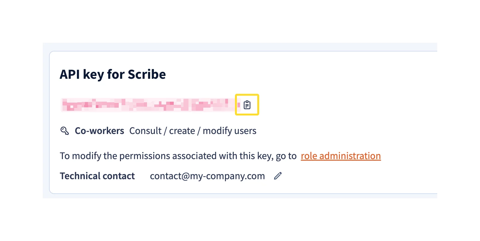 Generierter API-Schlüssel mit Kopier-Button sowie das Feld API Key in Scribe mit Button Connect Lucca