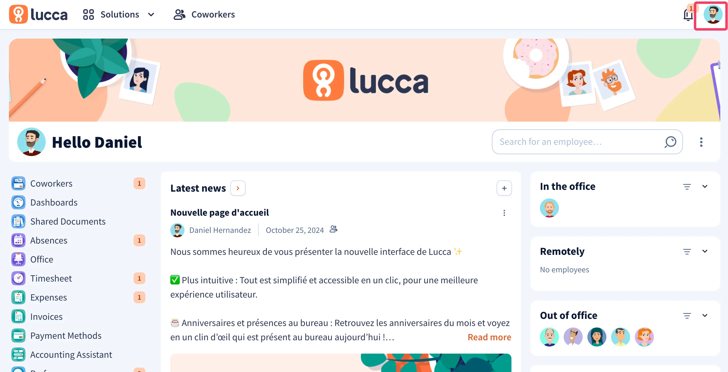 Lucca-Dashboard mit hervorgehobenem Profilbild oben rechts