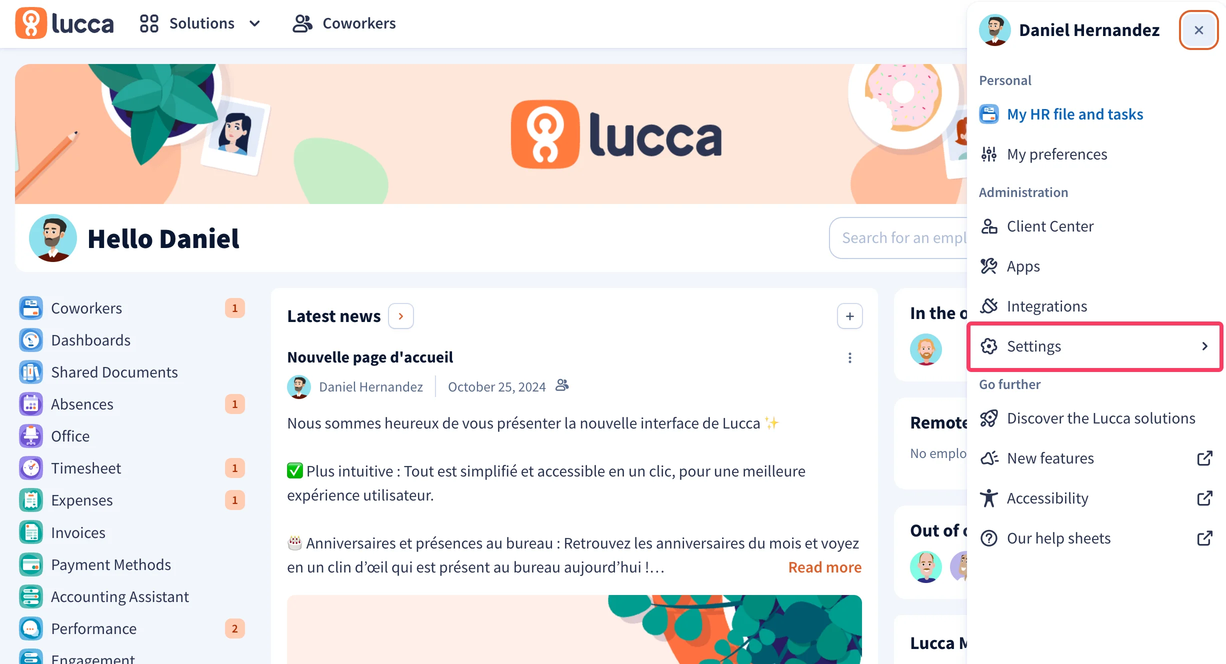 Lucca-Dropdown-Menü mit hervorgehobener Option 'Settings'