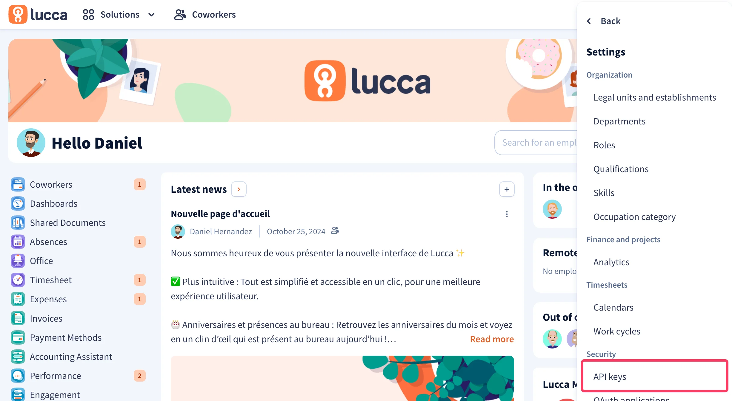 Lucca-Einstellungsmenü mit hervorgehobener Option 'API Keys' unter 'Security'