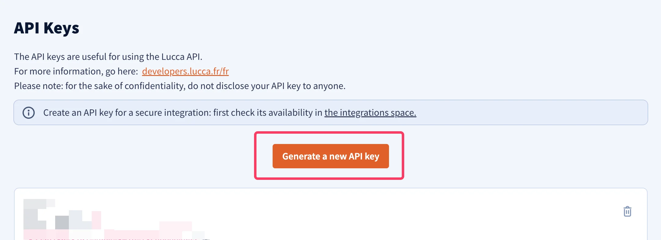 Lucca-Seite 'API Keys' mit Schaltfläche 'Generate a new API key'