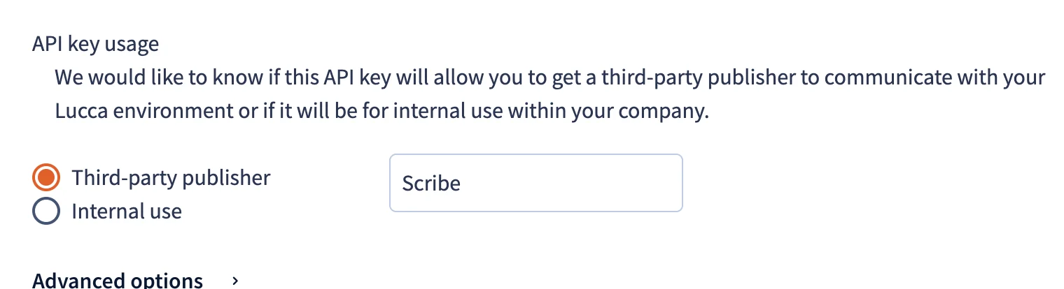 Abschnitt API key usage mit ausgewähltem Third-party publisher und eingetragenem Scribe