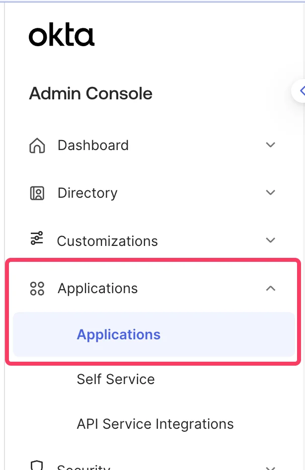 Menu konsol admin Okta dengan Applications disorot