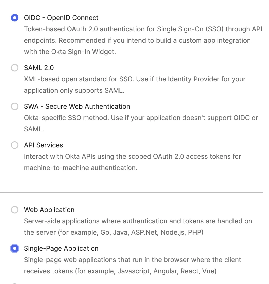 Dialog Create App Integration dengan OIDC dan Single-Page Application terpilih