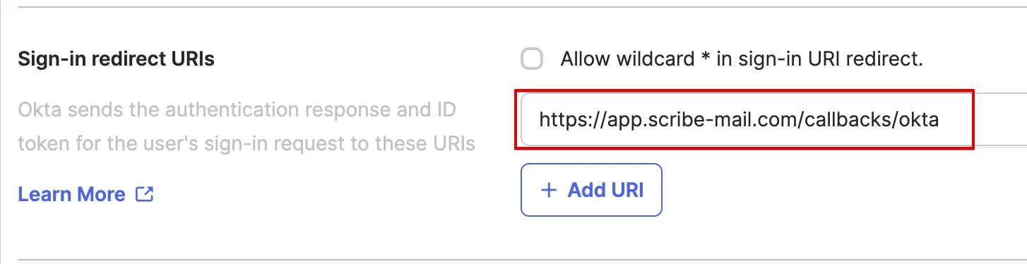 Kolom Sign-in redirect URIs dengan URL callback Scribe