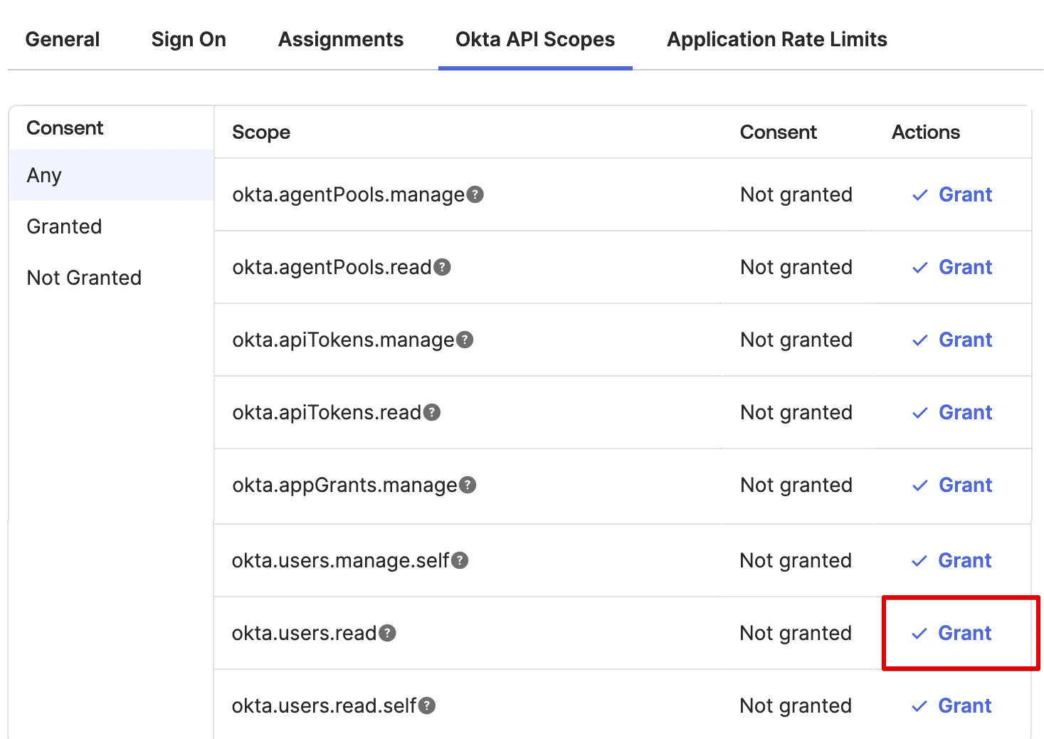 Tab Okta API Scopes dengan tombol Grant okta.users.read disorot
