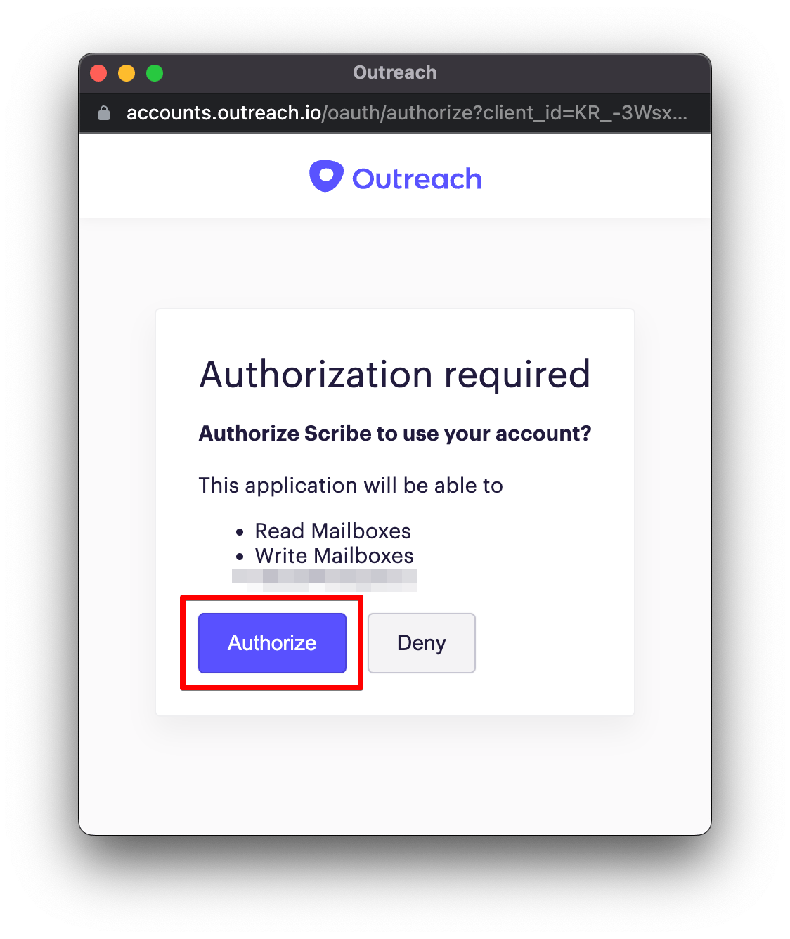 Outreach authorization screen showing Read Mailboxes and Write Mailboxes scopes