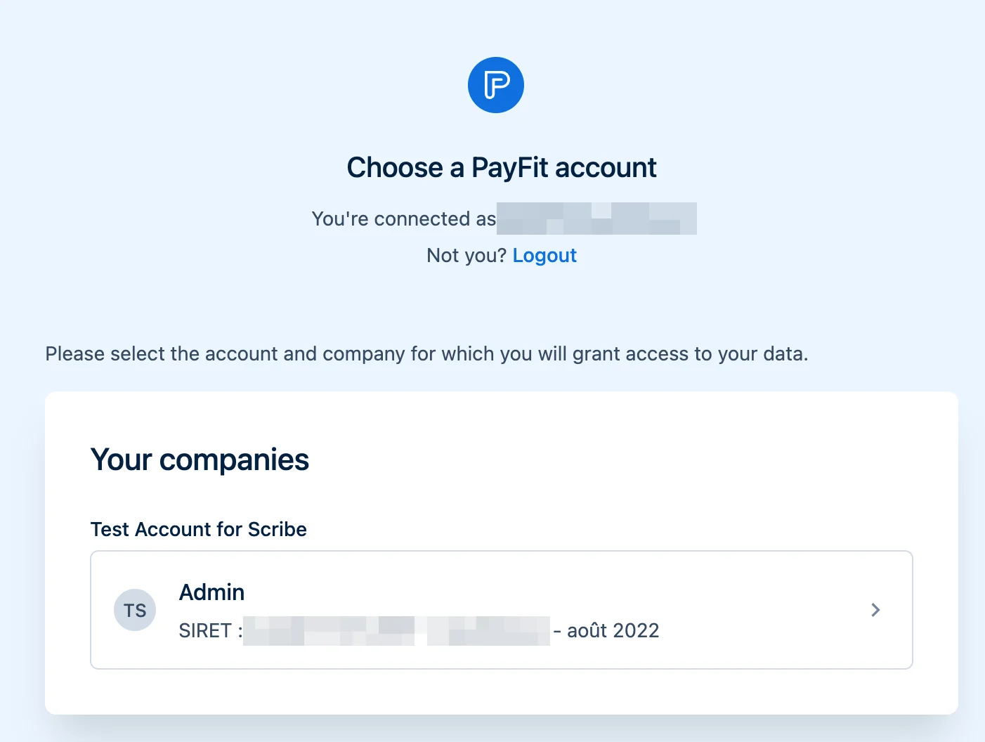 Choose a Payfit account screen with company selection
