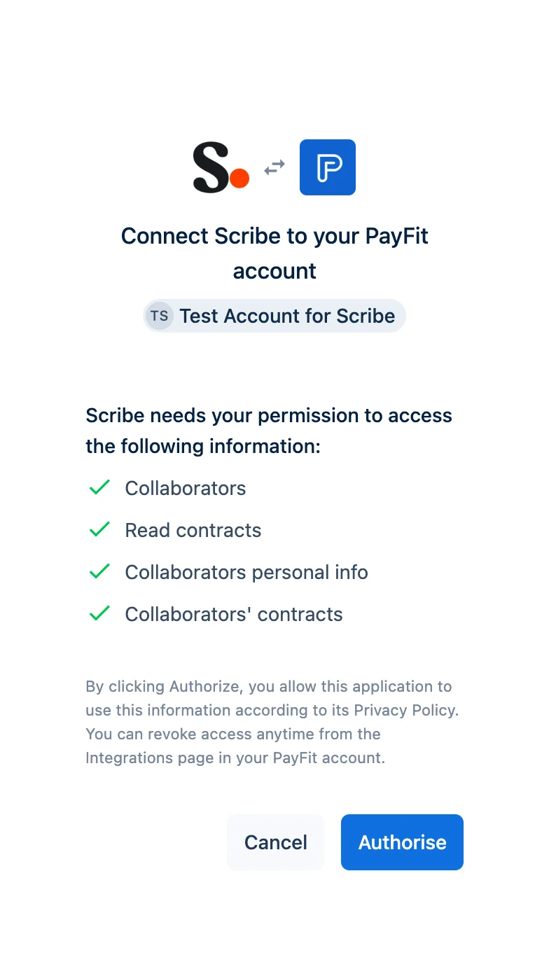 Scribe authorization screen requesting read access to Payfit data