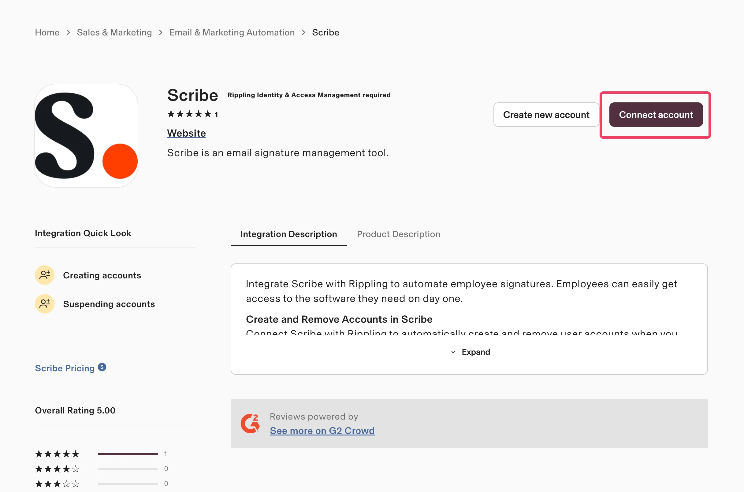 Pagina dell'app Scribe nell'app store di Rippling con il pulsante Connect account evidenziato