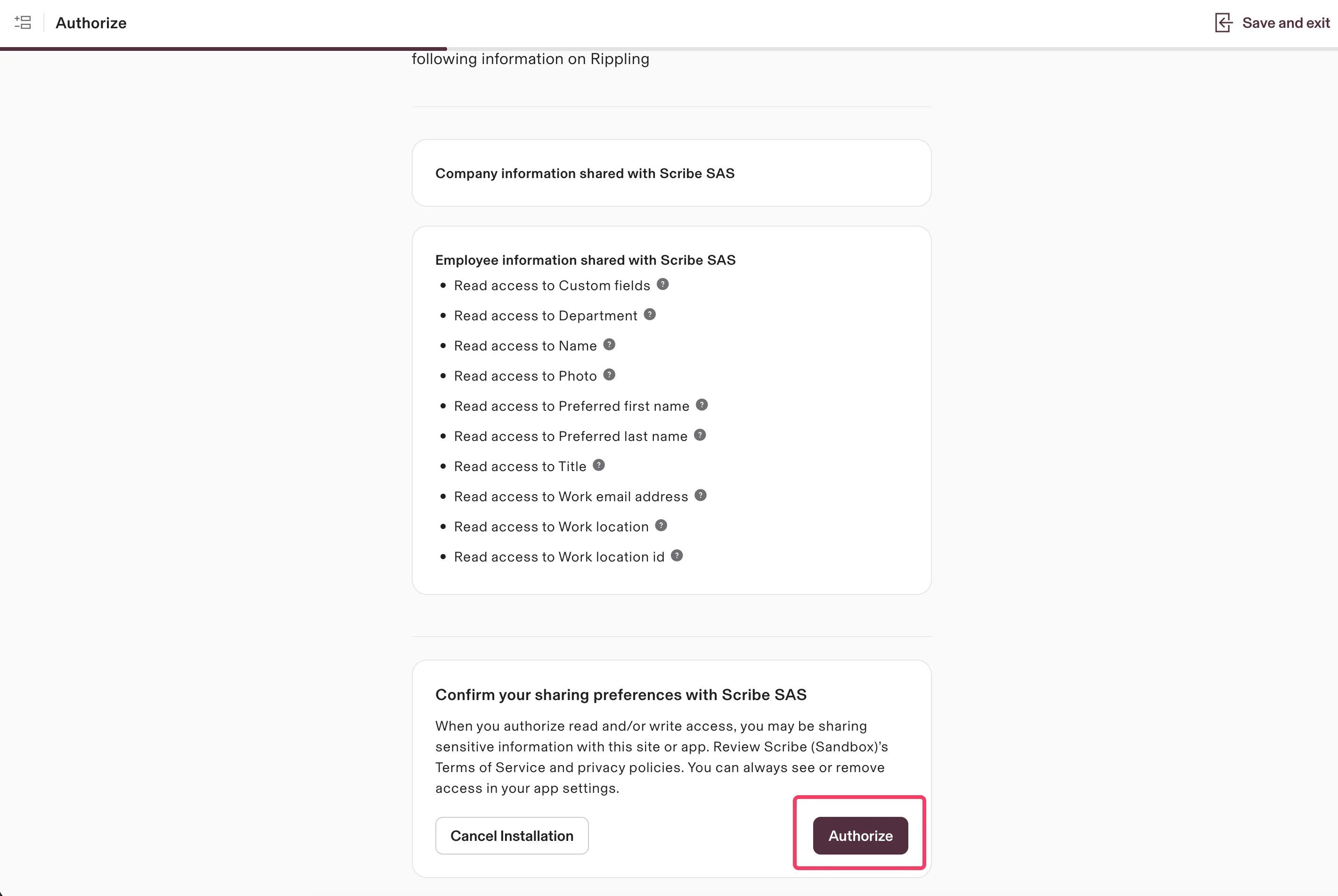 Schermata di autorizzazione con ambiti in sola lettura e pulsante Authorize