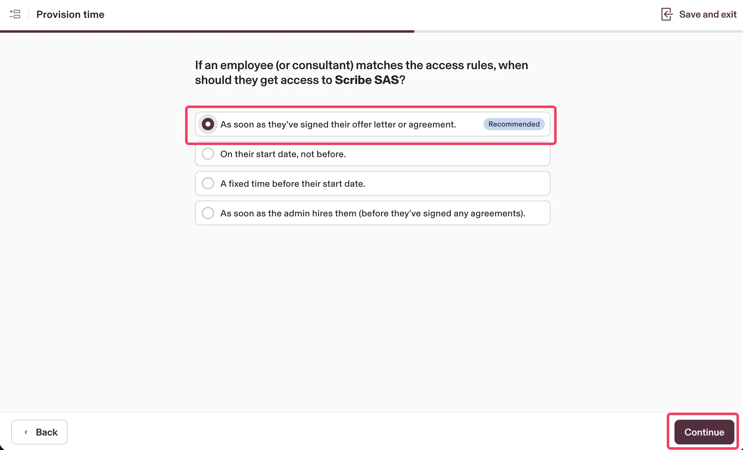 Schermata del tempo di provisioning con l'opzione consigliata selezionata