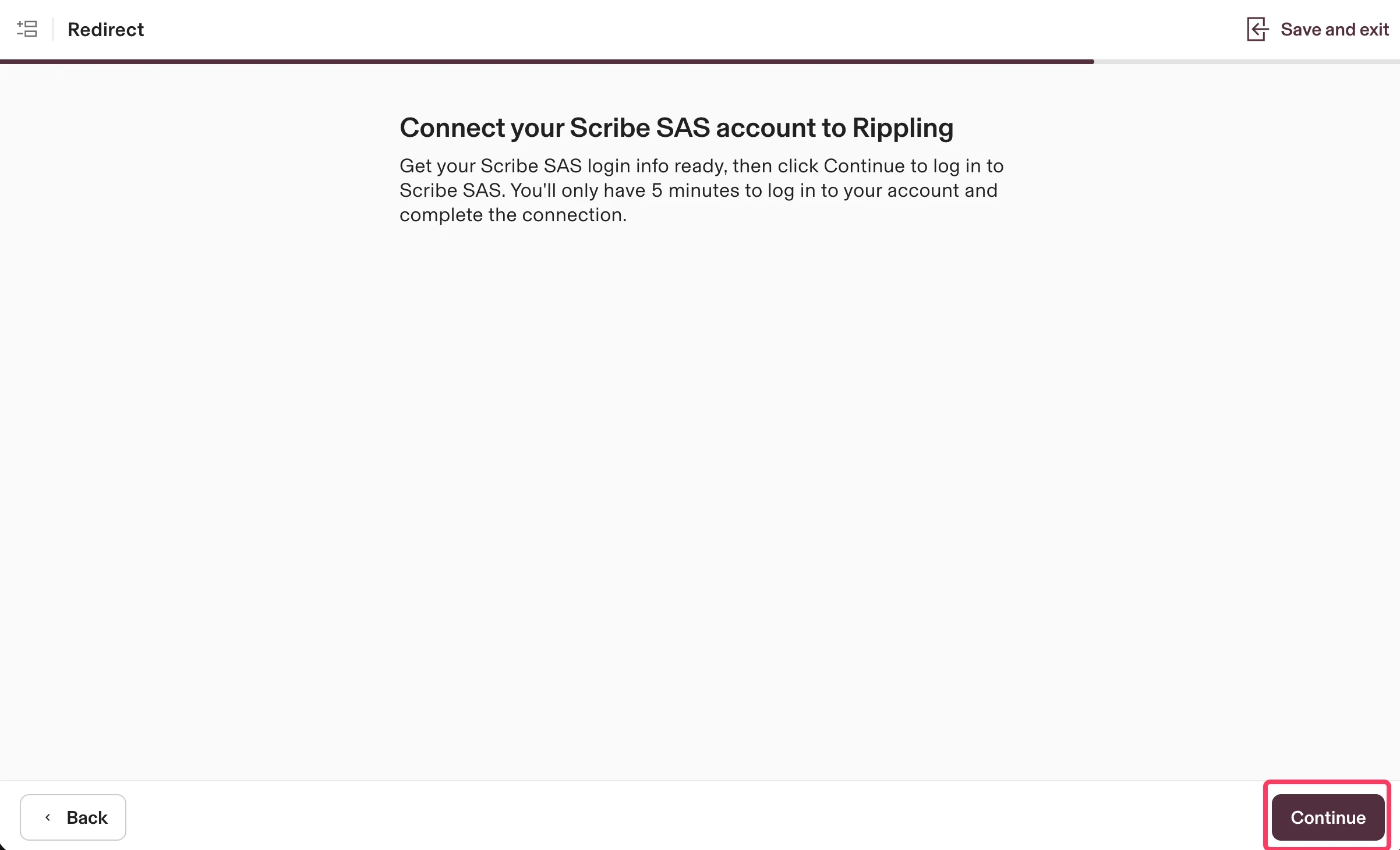 Schermata di reindirizzamento per collegare l'account Scribe a Rippling con il pulsante Continue
