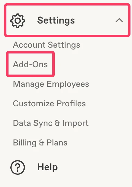 Pingboard-Menü Settings mit hervorgehobener Option Add-Ons