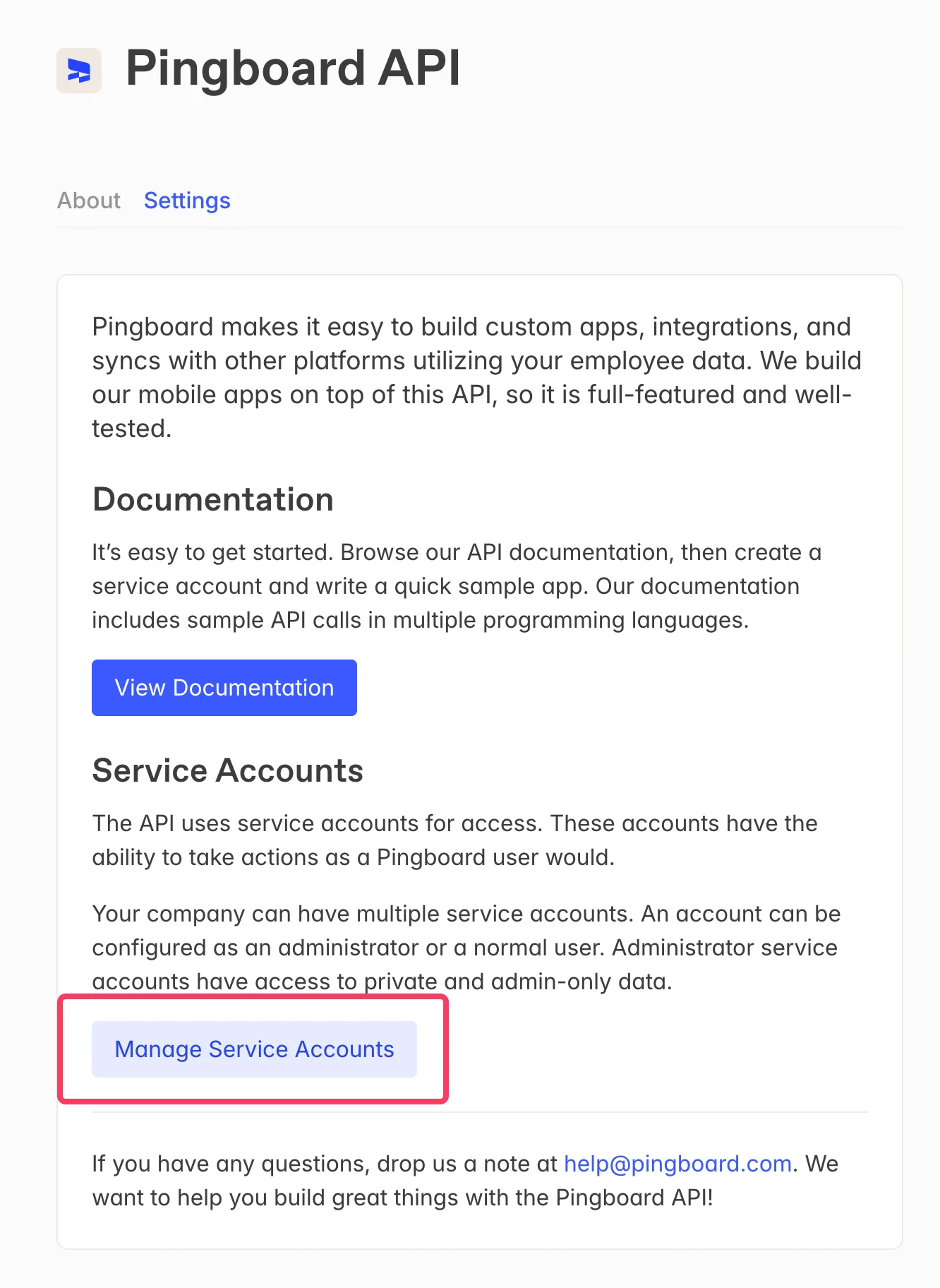 Pingboard-API-Seite mit hervorgehobenem Button Manage Service Accounts